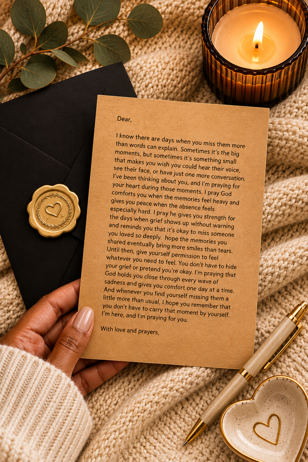 A hand holds a printed sympathy card with a gold heart-shaped seal, placed on a knitted blanket beside a black envelope, a lit candle in a glass holder, and a gold heart-shaped dish with a heart cutout.