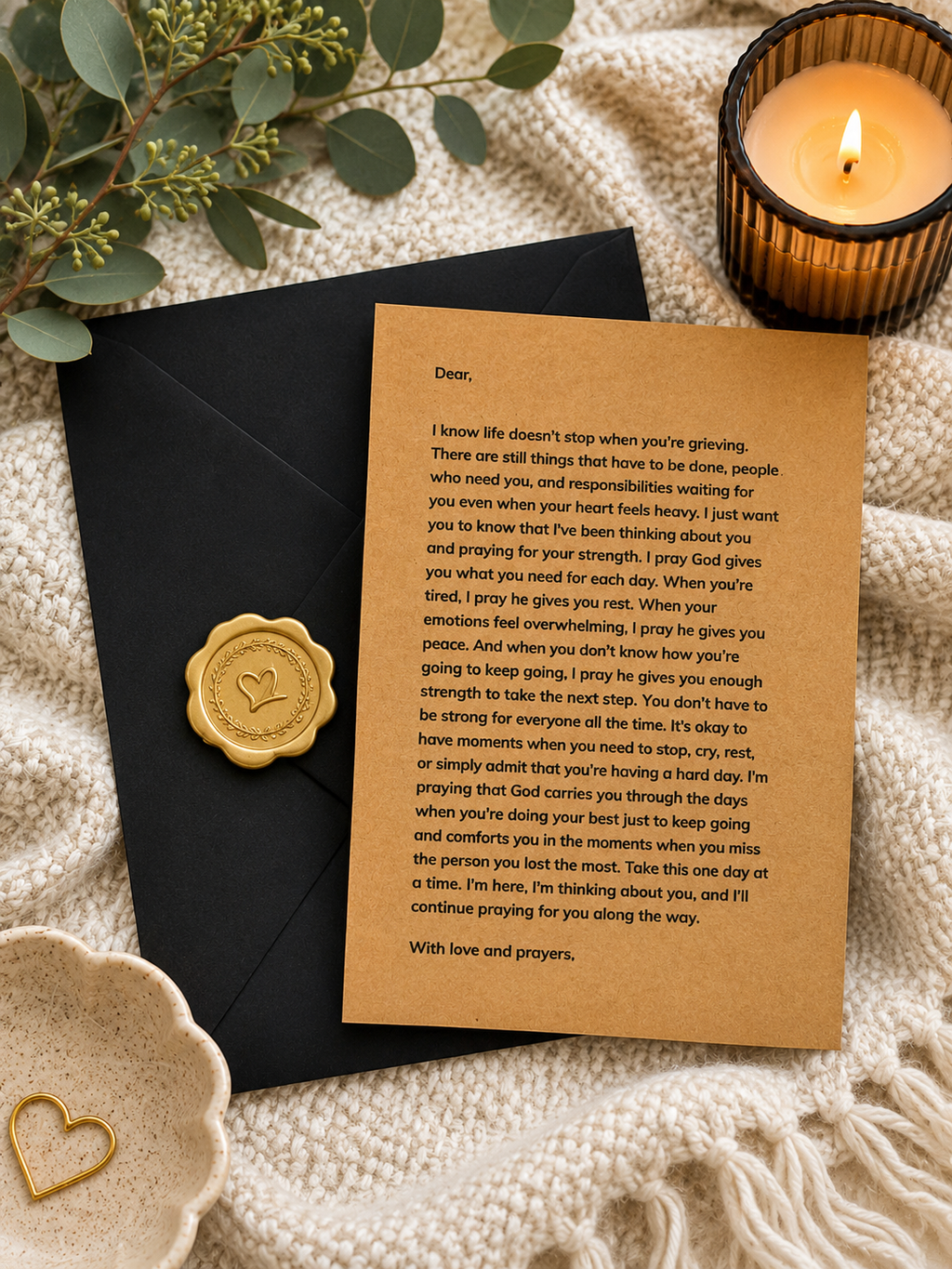 Bereavement gift prayer letter with envelope for someone grieving a loved one