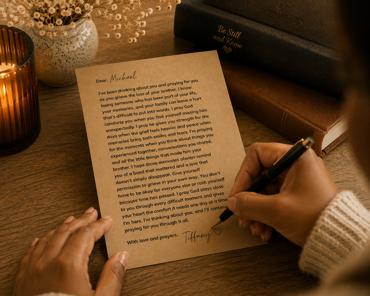 Brother loss prayer letter with black envelope and gold seal