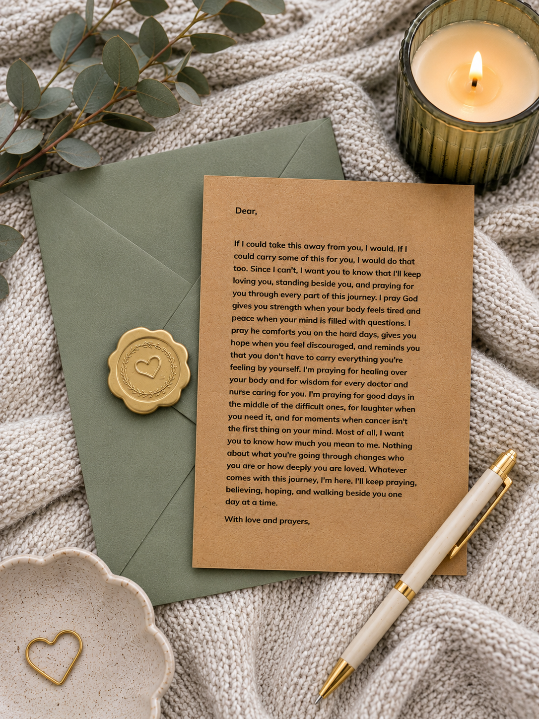 A flat-lay of a printed prayer card with a gold wax seal, placed on a green envelope over a textured cream fabric, with a lit candle, eucalyptus sprigs, a gold heart dish, and a gold pen nearby.