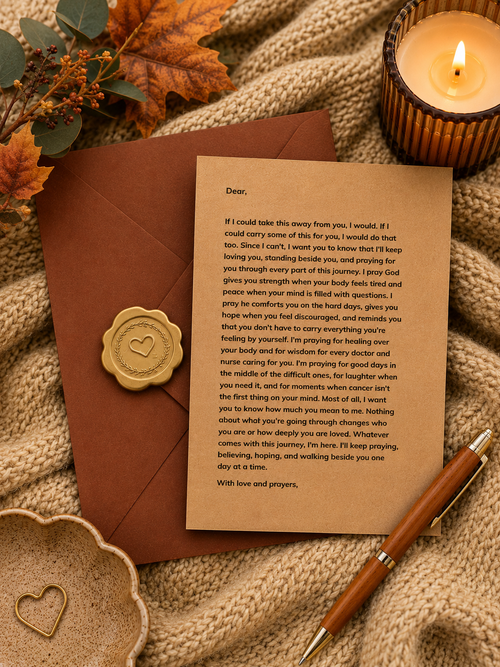 A printed sympathy or remembrance letter laid on top of an open brown envelope, styled with a lit candle, autumn leaves, a gold pen, and two small heart-shaped cookies on a textured beige fabric background.