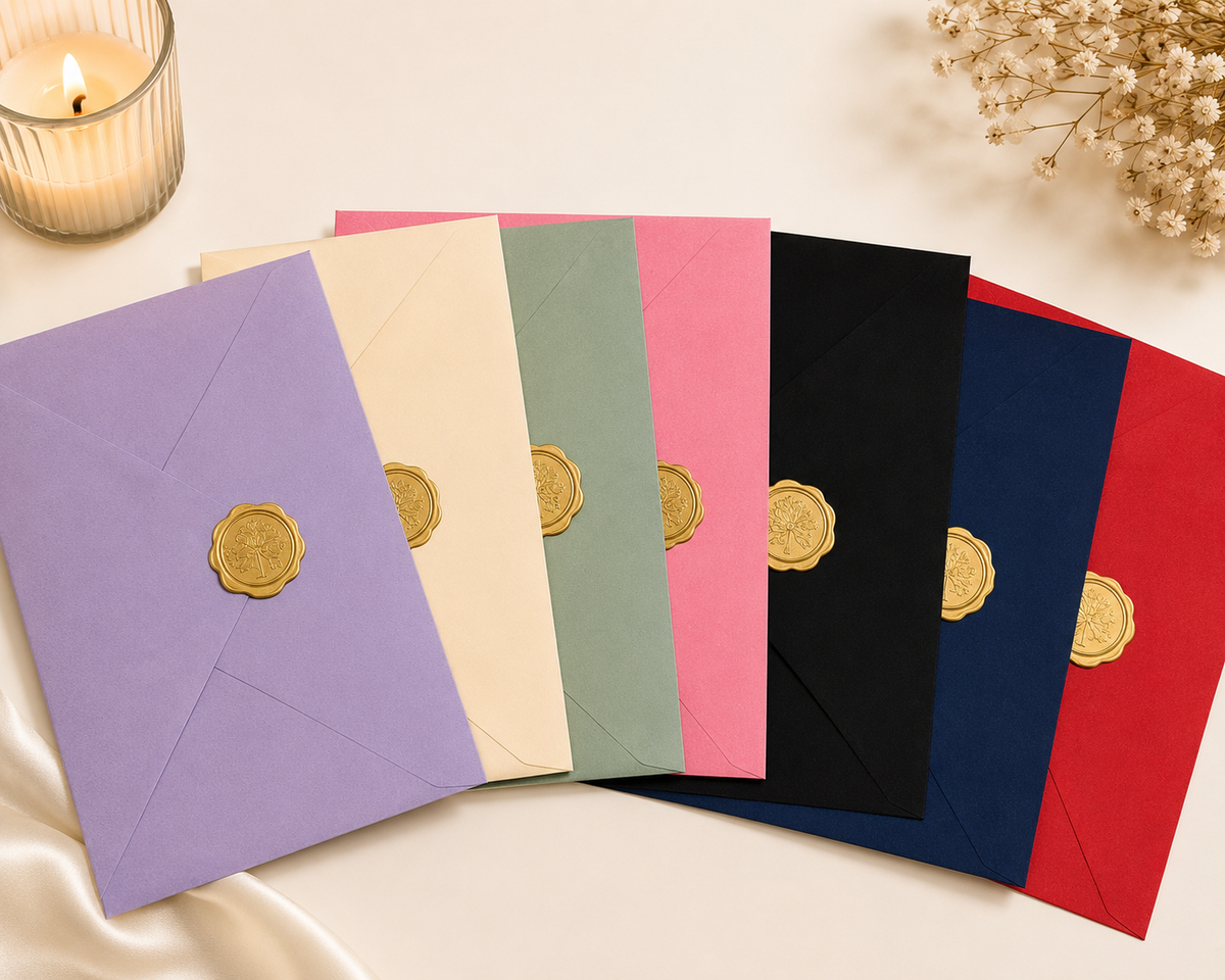Six colored envelopes with gold wax seals arranged in a fan on a light beige surface, with a lit candle, satin fabric, and dried flowers as props.