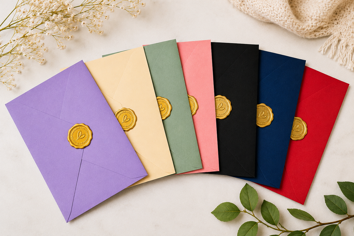 Six colored envelopes with gold wax seals arranged in a fan shape on a light surface, surrounded by dried flowers, green leaves, and a knitted textile.
