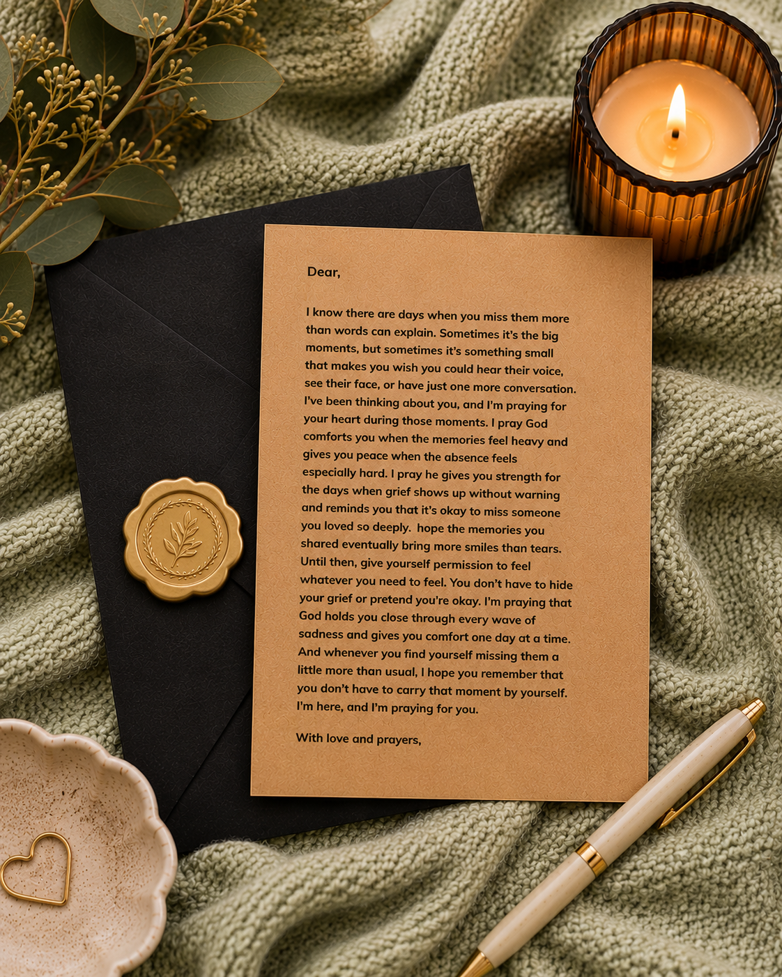 A handwritten condolence card printed on warm beige paper, styled in a flat-lay arrangement with a black envelope, a lit candle in a dark wooden holder, dried flowers, a white ceramic dish with heart-shaped cutouts, and a white pen on a textured green fabric background.