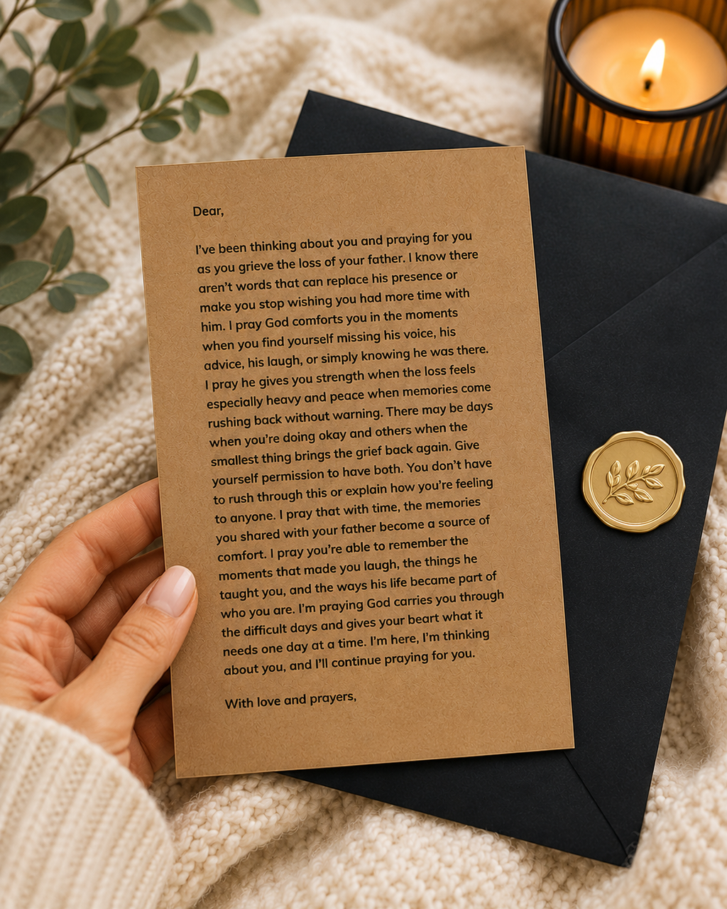 Comforting prayer letter for someone grieving their father, meaningful sympathy and bereavement gift