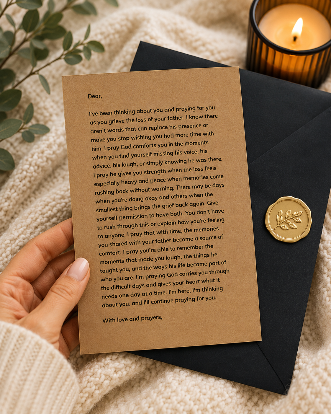 Comforting prayer letter for someone grieving their father, meaningful sympathy and bereavement gift