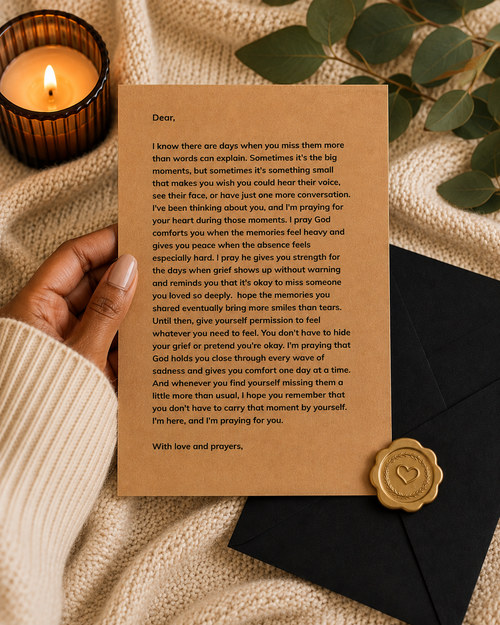 A square parchment-style card with printed condolence text, styled on a dark envelope with a gold wax seal, beside a lit candle and green leaves on a textured cream fabric background.