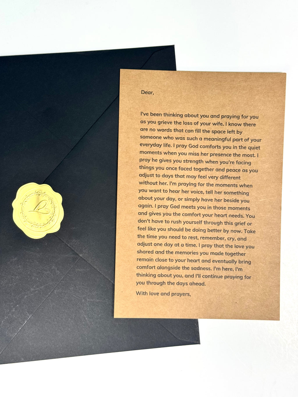 Grieving widower sympathy gift with prayer letter and black envelope