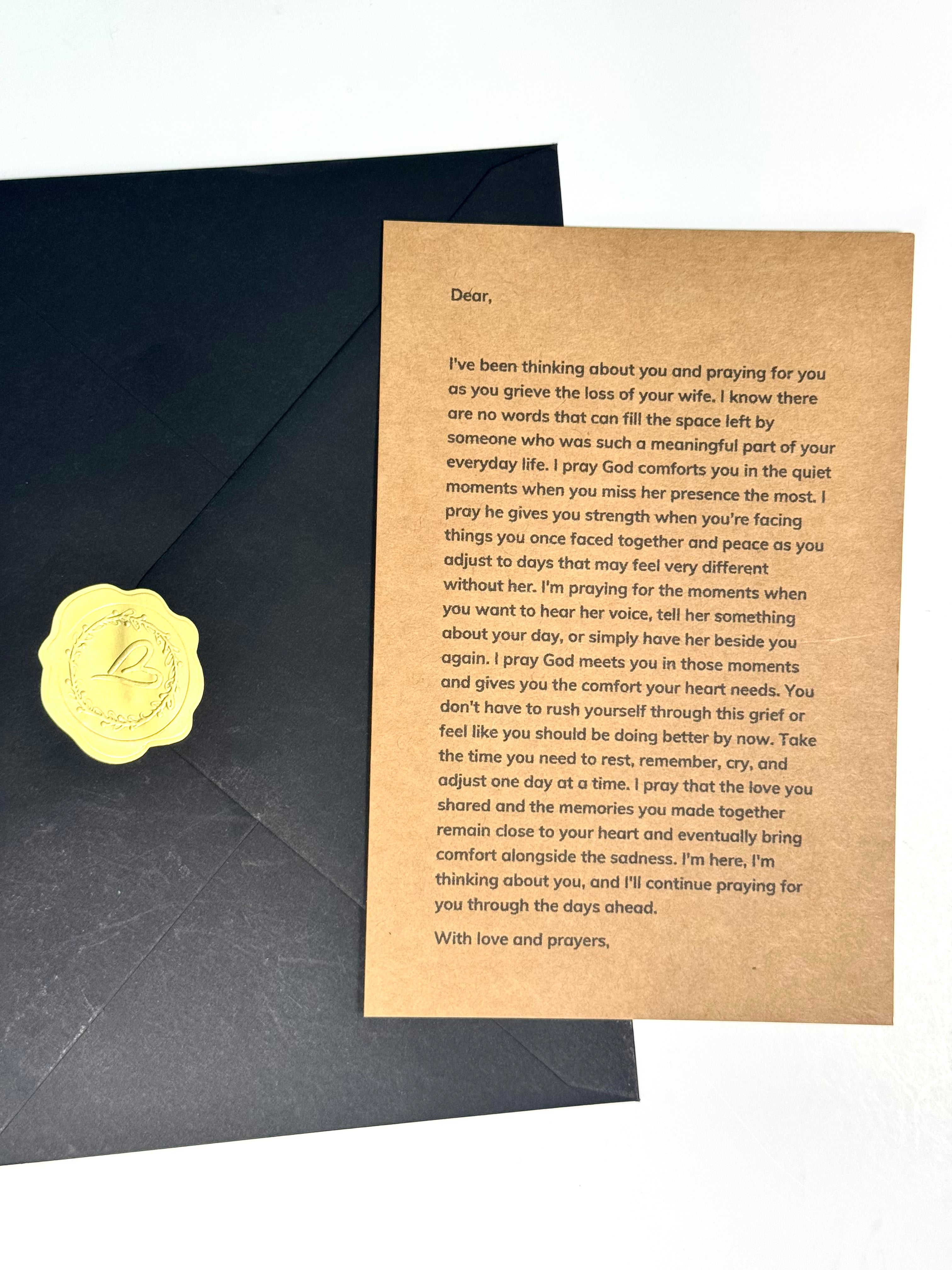 Grieving widower sympathy gift with prayer letter and black envelope