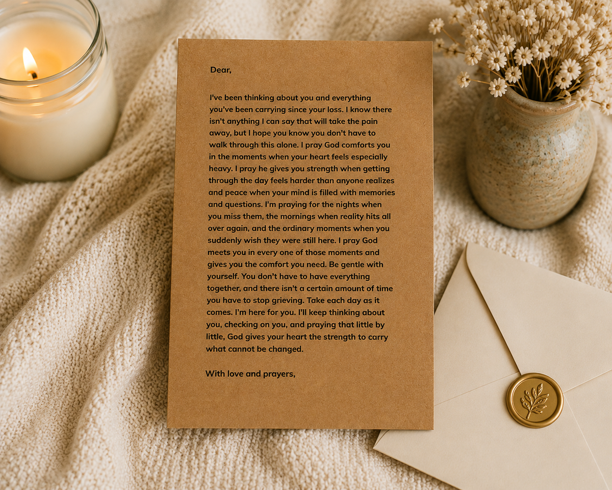 A brown kraft paper condolence card with printed sympathy text, styled on a light beige surface with a lit candle, dried white flowers, and a gold seal.