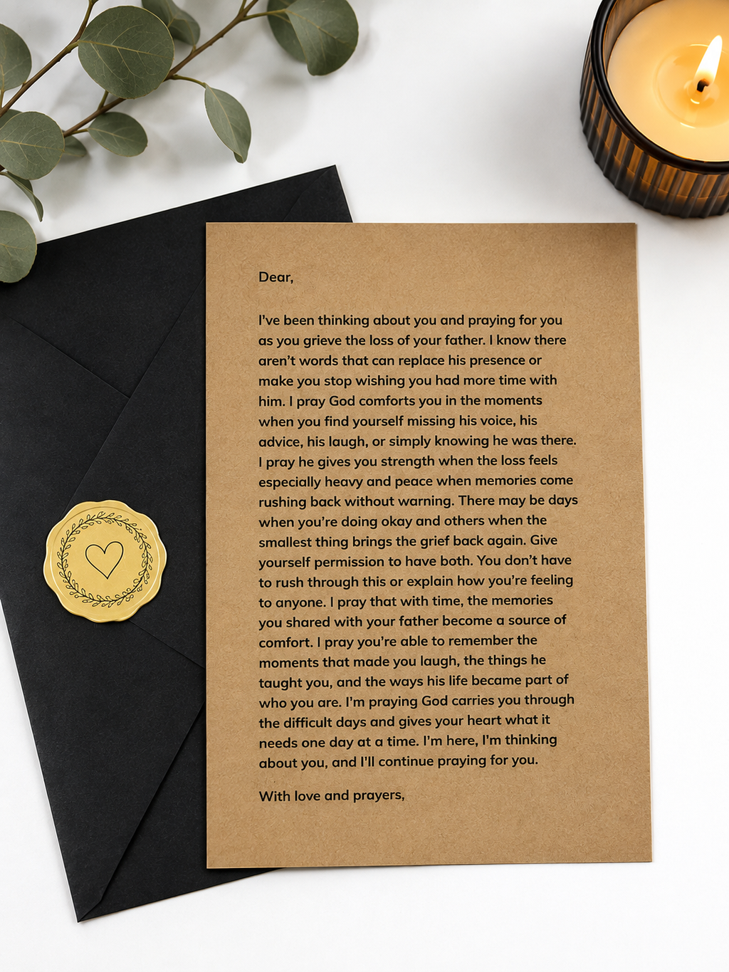 Hands holding grief prayer letter while opening envelope, thoughtful sympathy gift for loss of dad