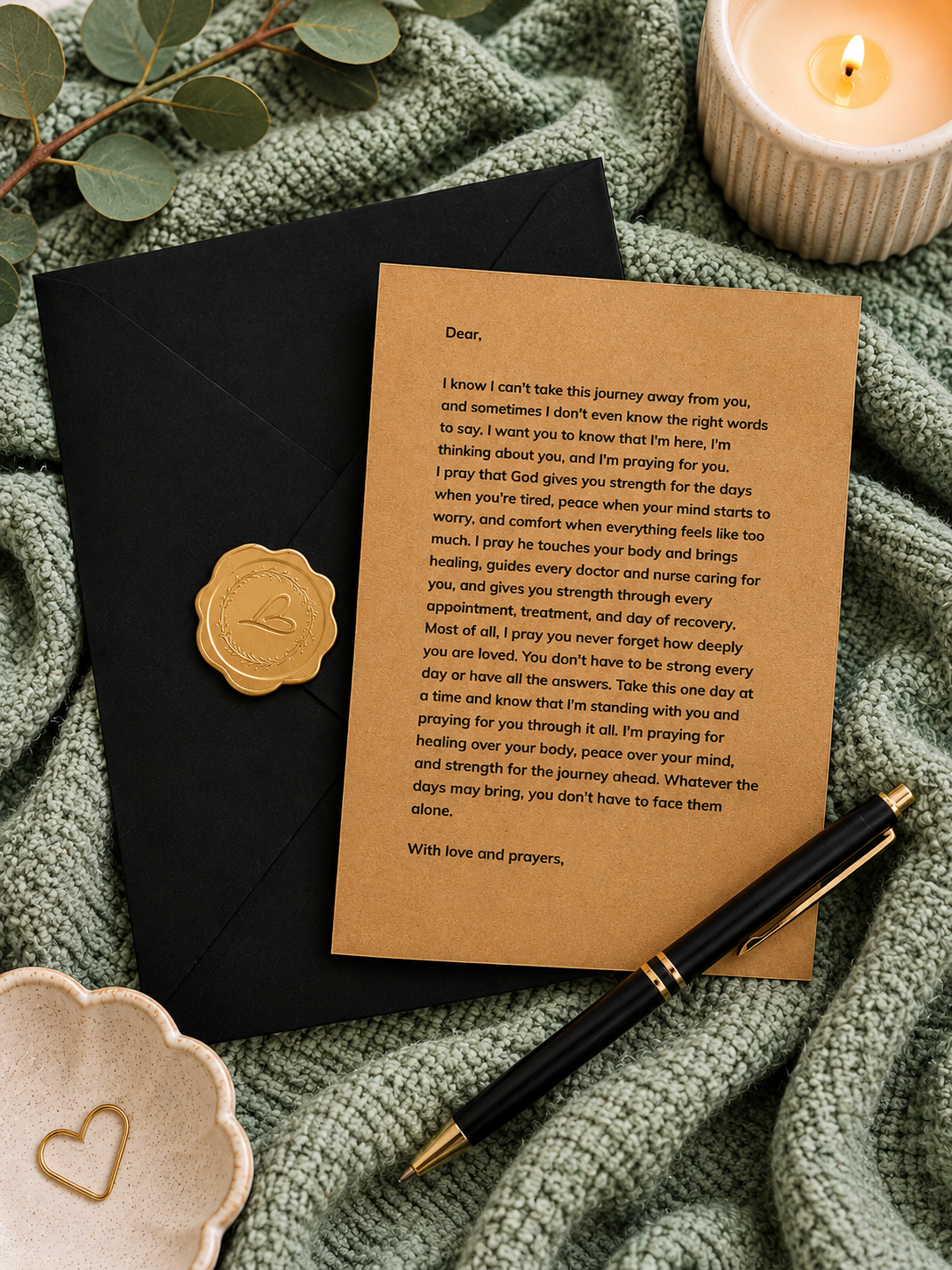 A square kraft paper letter with printed condolence text and a small heart-shaped stamp, placed on top of a black envelope. The arrangement is styled on a textured green blanket with a lit candle, a pen, and wooden coasters with heart cutouts.