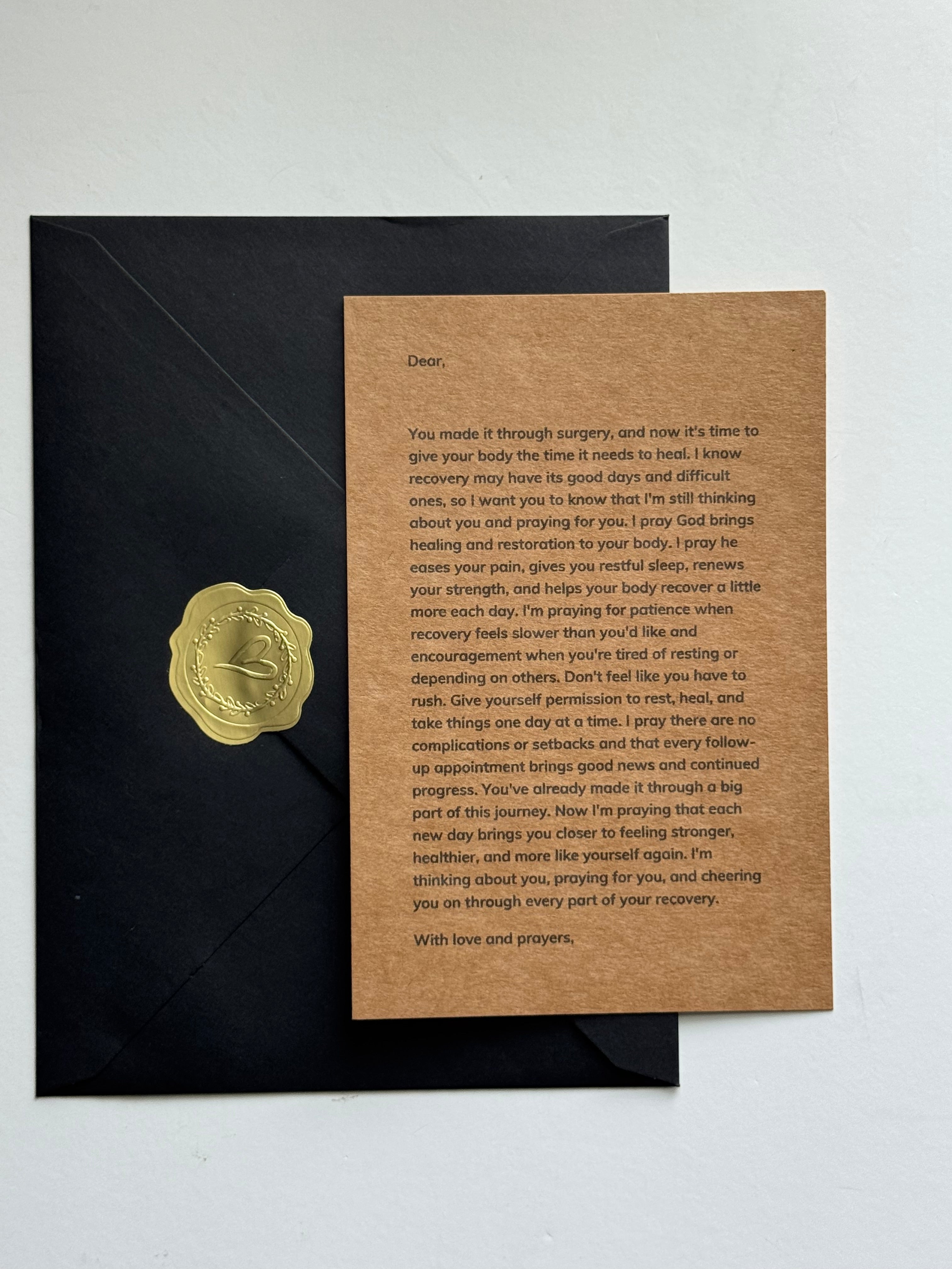 Personalized prayer letter after surgery with black envelope and gold heart seal