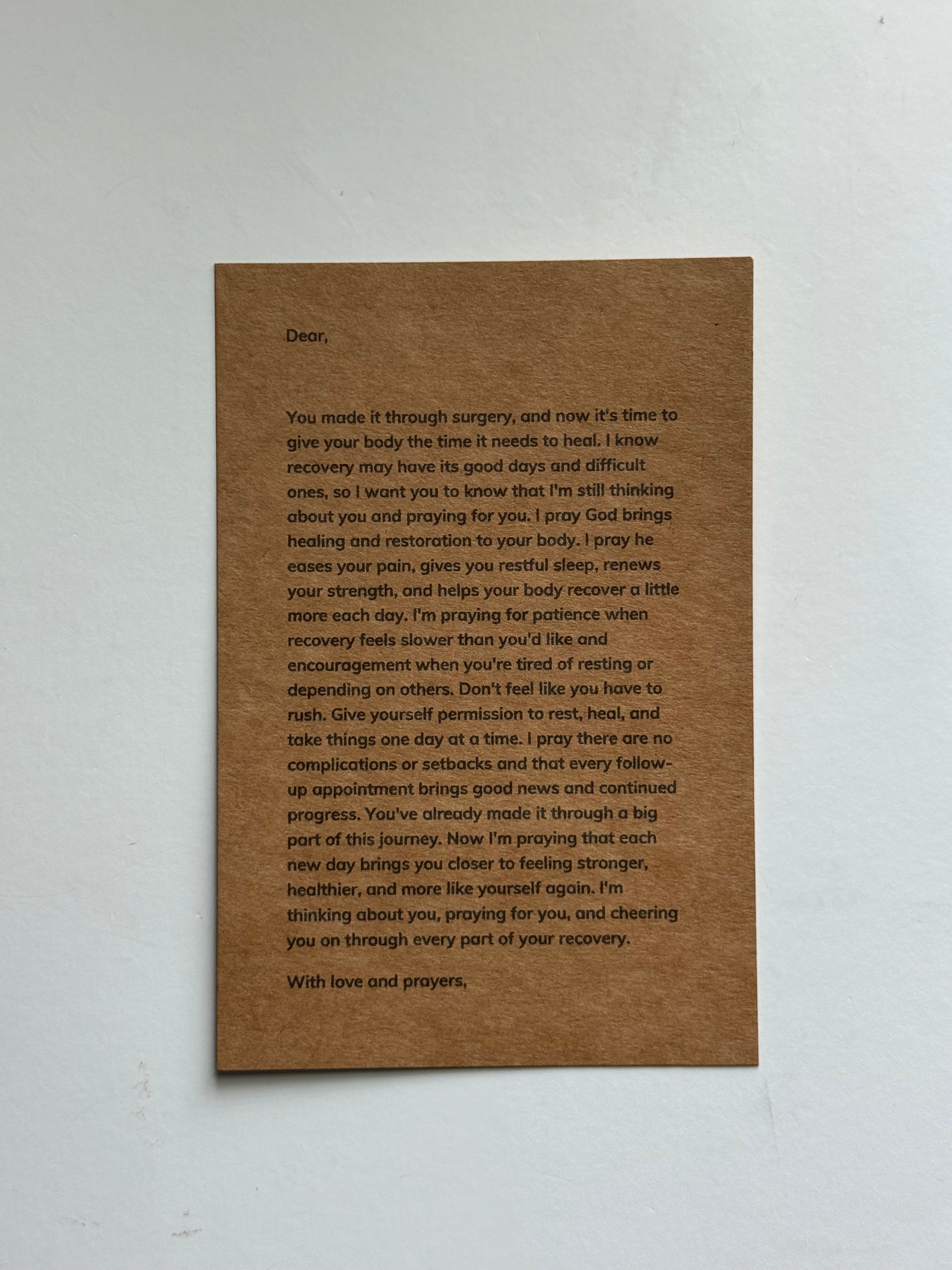 Printed prayer letter for healing and recovery after surgery