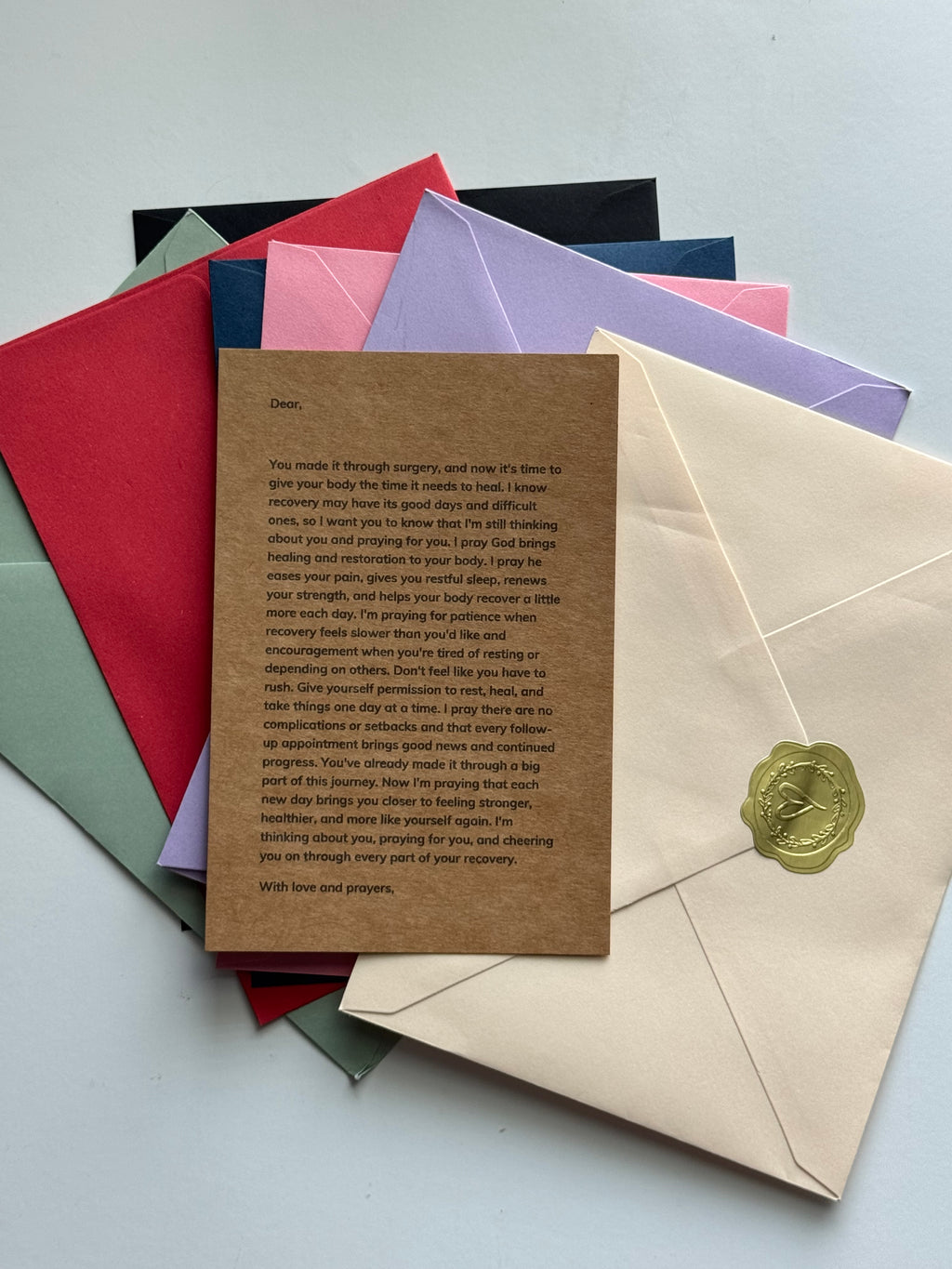 Prayer letter after surgery with coordinating envelope color options