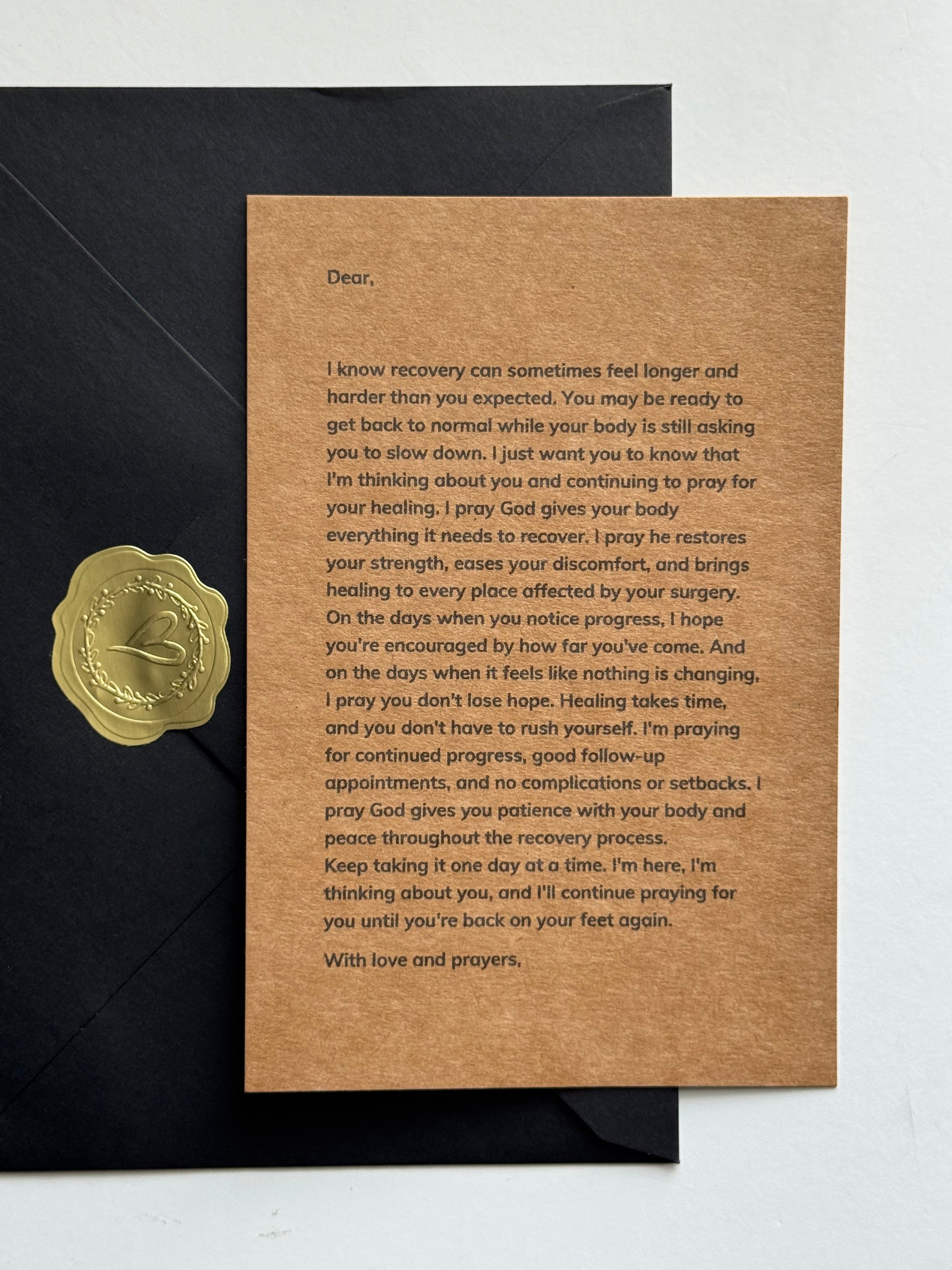 Personalized surgery recovery prayer letter with black envelope and gold heart seal