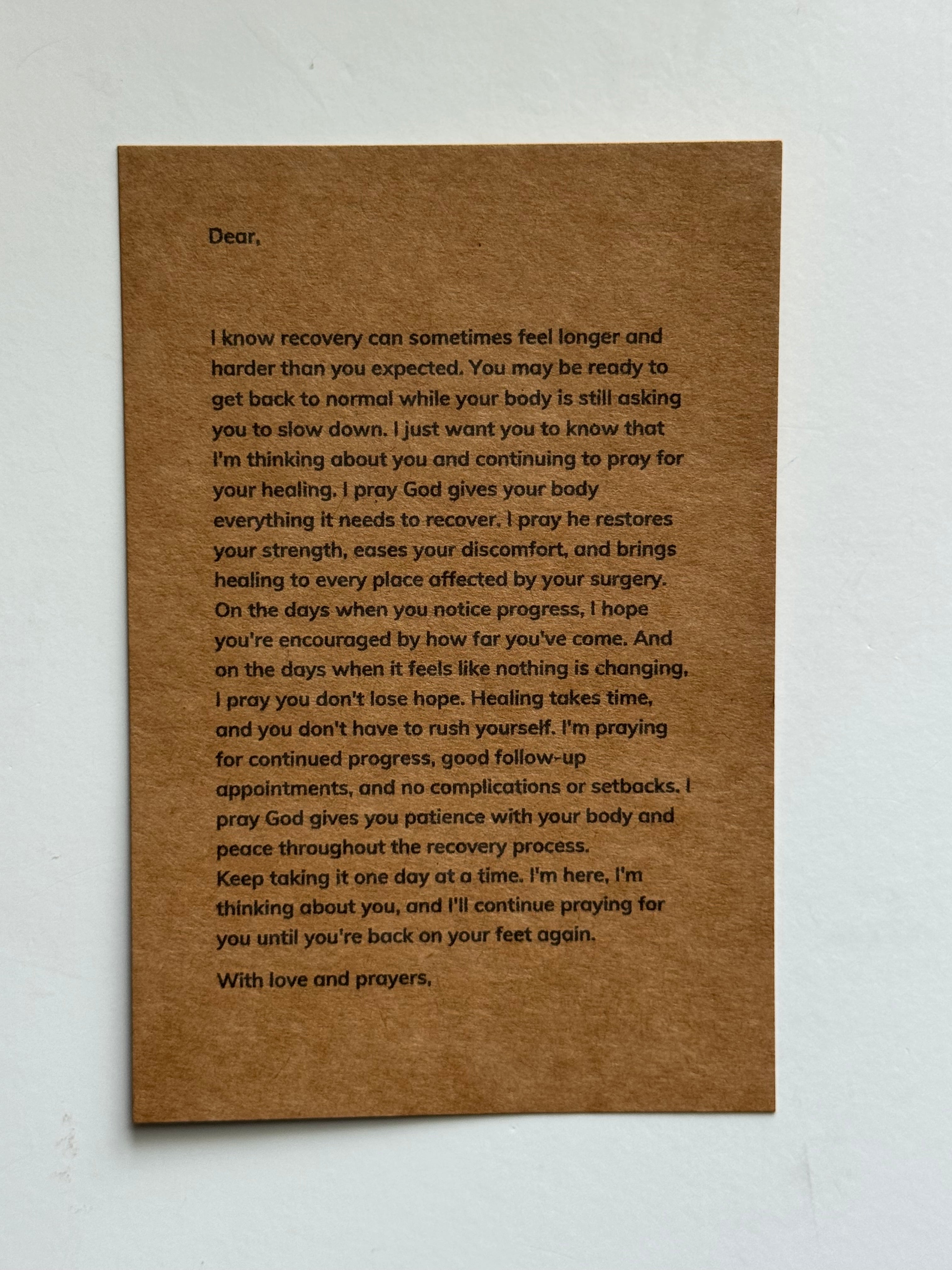 Printed prayer letter for someone recovering after surgery