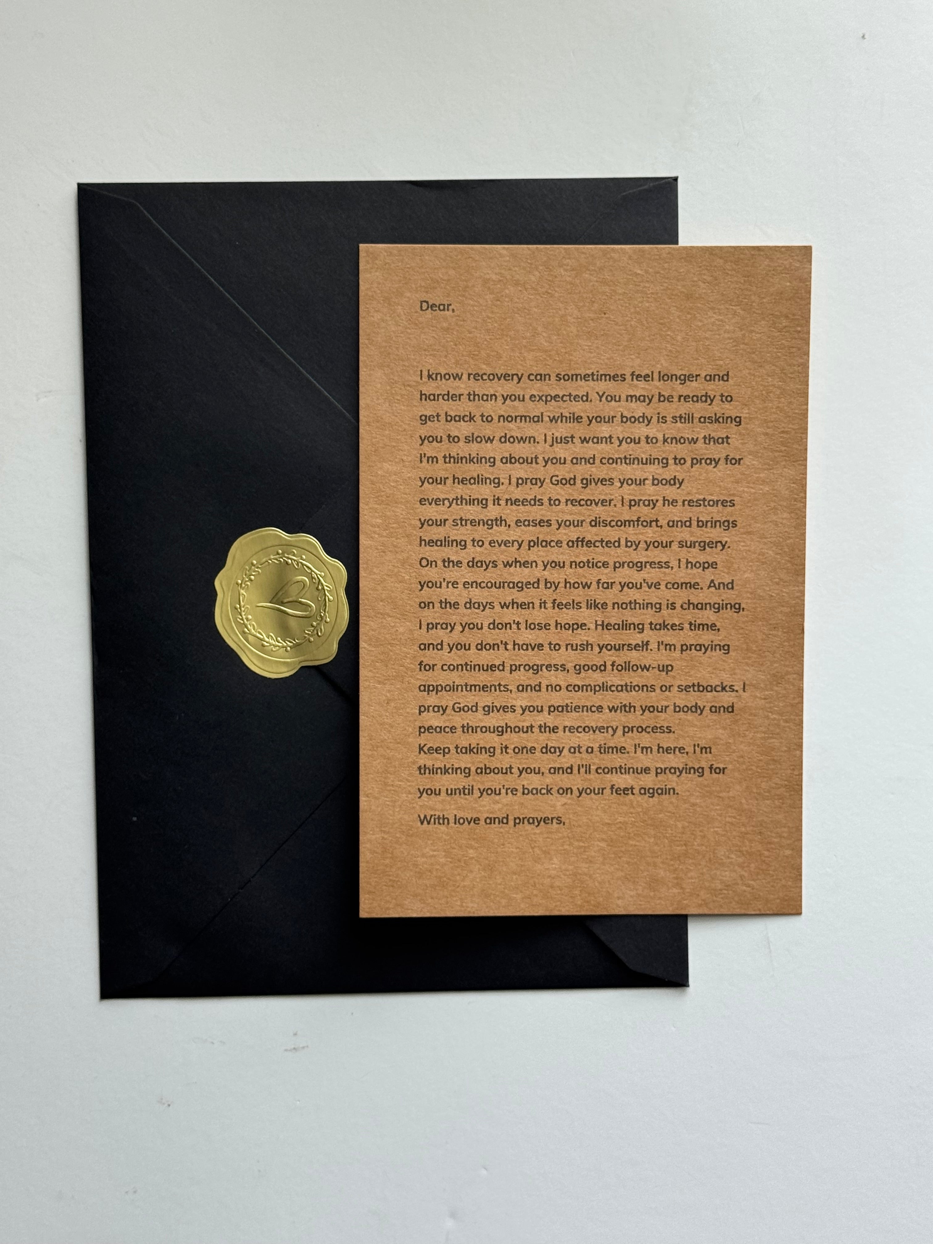 Physical surgery recovery prayer letter with sealed black envelope