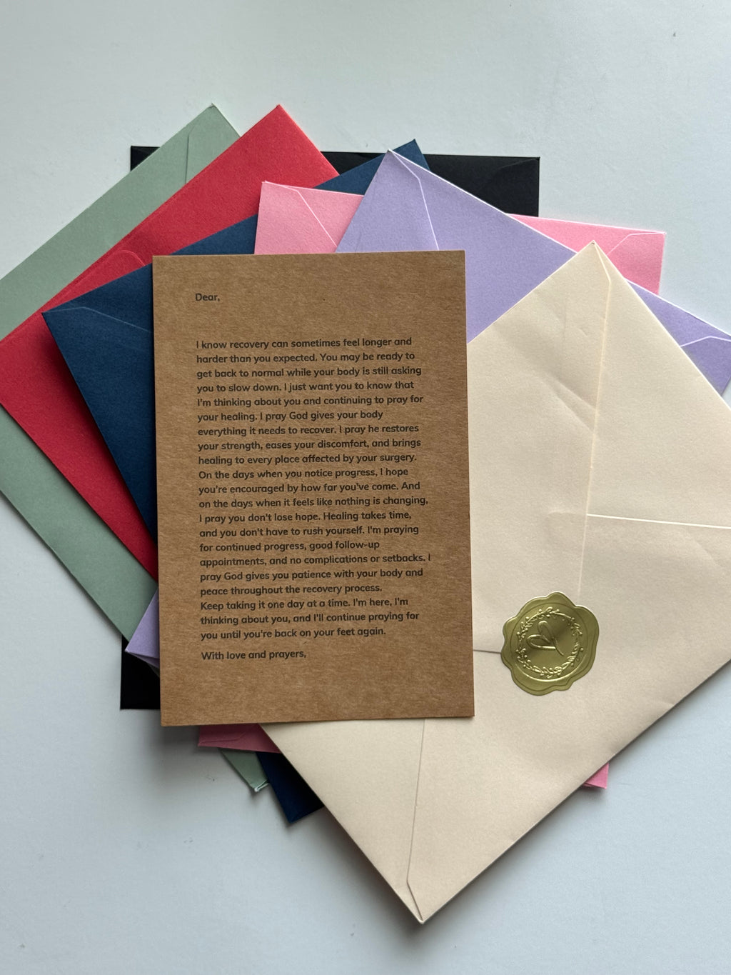 Personalized prayer letter with available envelope color choices