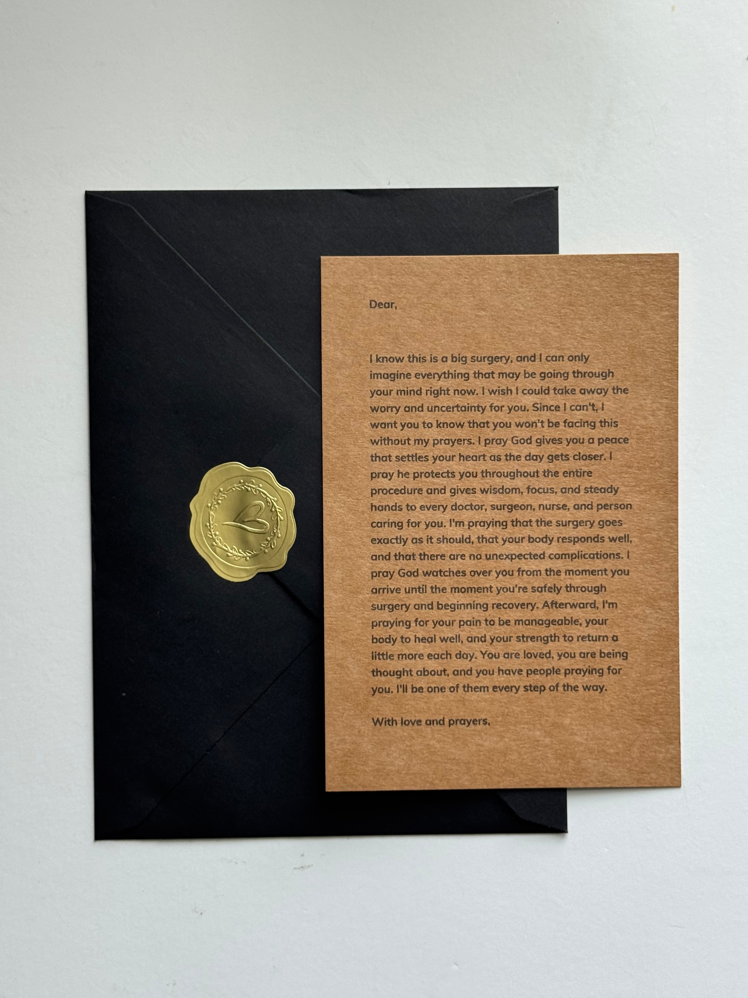 Prayer before major surgery letter with black envelope and gold heart wax seal
