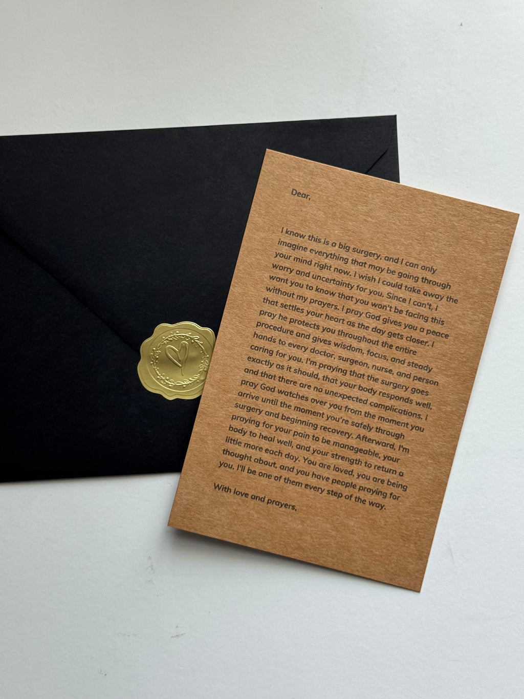 Surgery prayer card with black envelope and gold wax seal