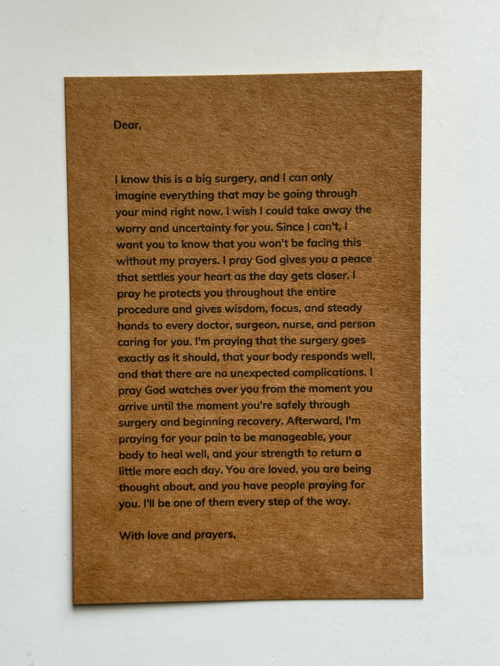 Printed prayer before surgery letter for friend or family member