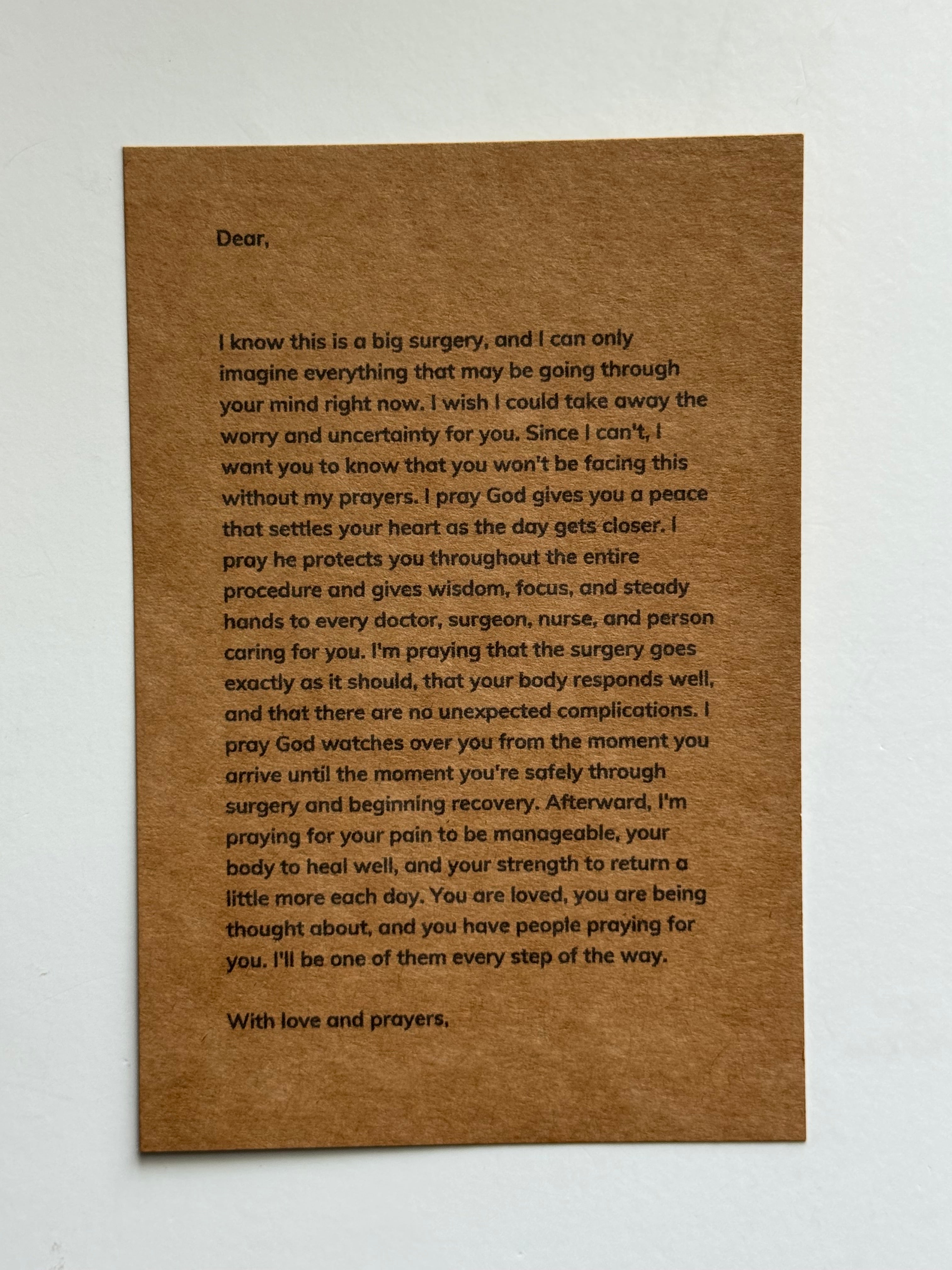 Printed prayer before surgery letter for friend or family member