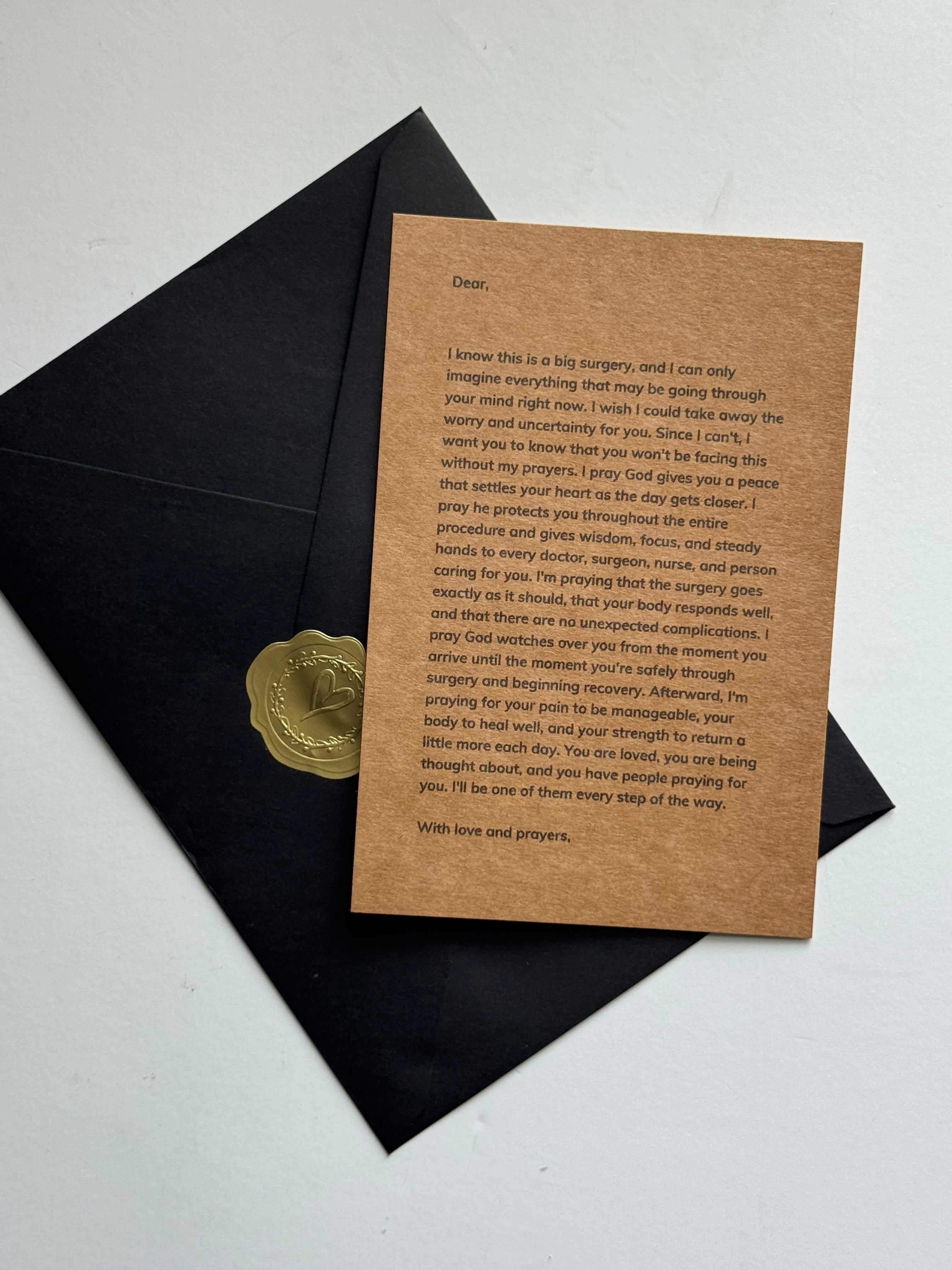 Christian surgery encouragement letter with black envelope