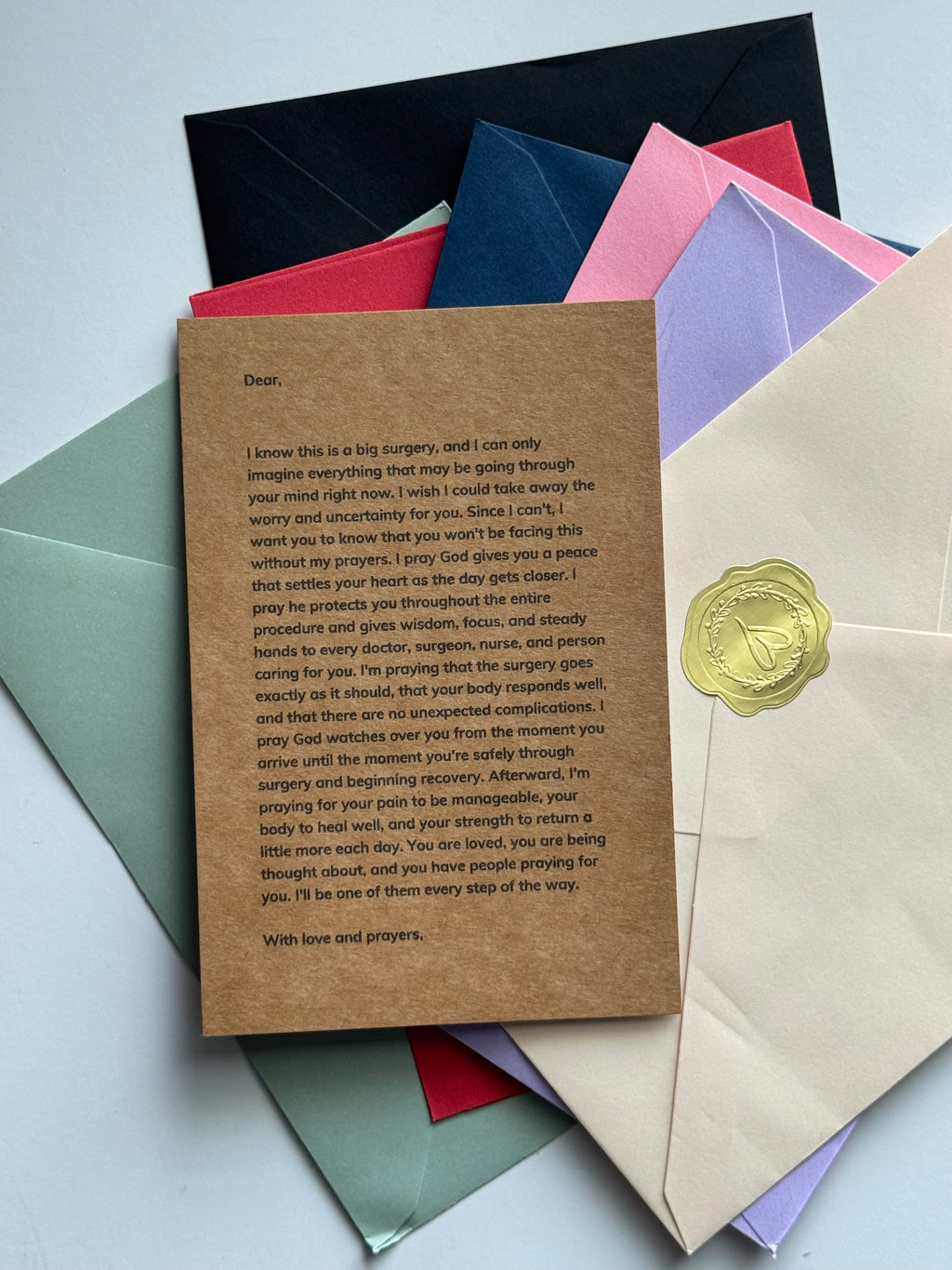 Prayer before surgery letter with colorful envelope choices