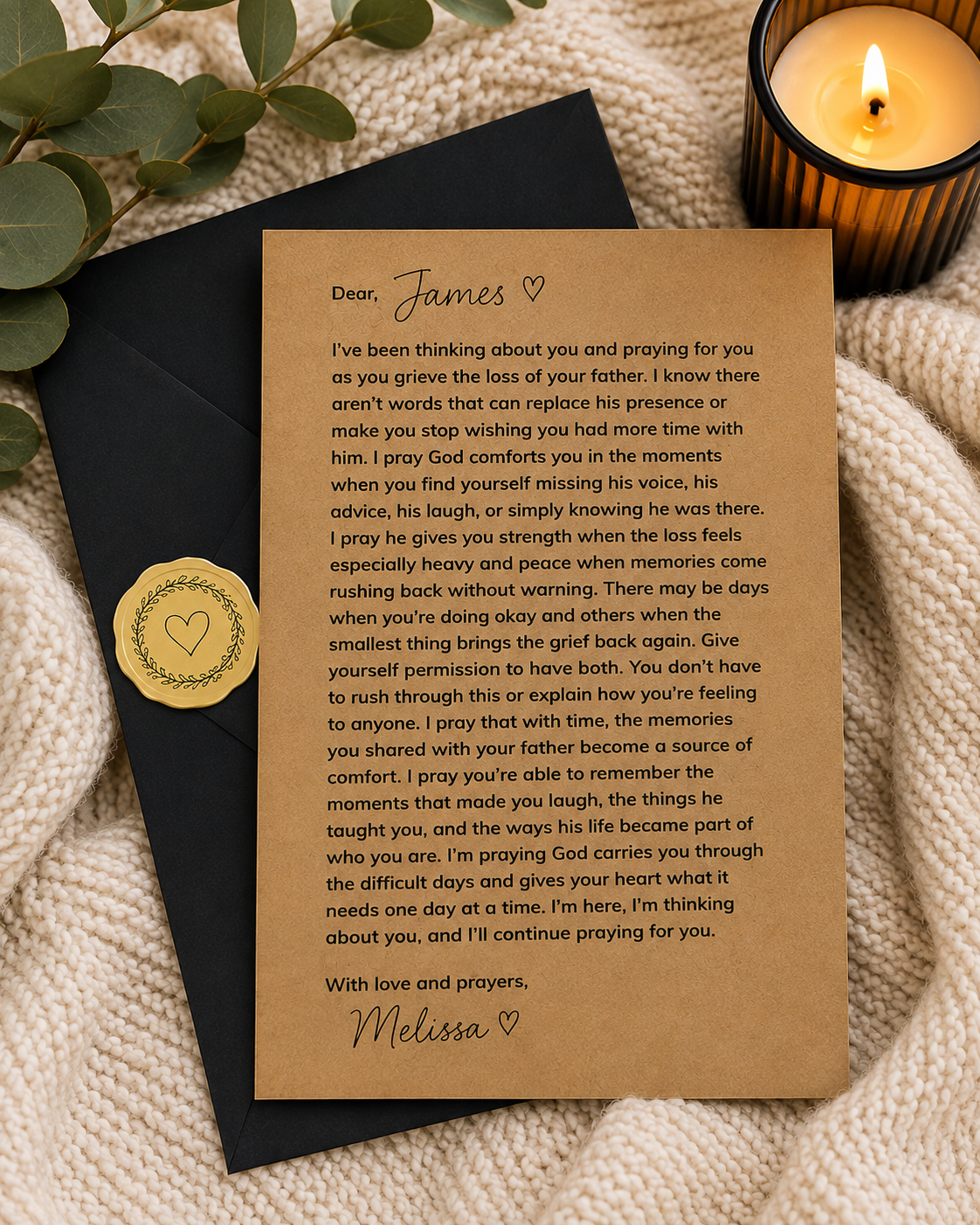 Kraft paper prayer letter styled in a comforting setting, encouragement gift for someone grieving their father