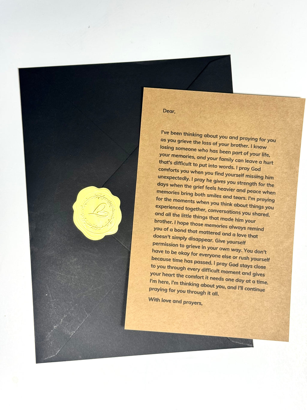 Loss of brother prayer letter displayed on clear card stand