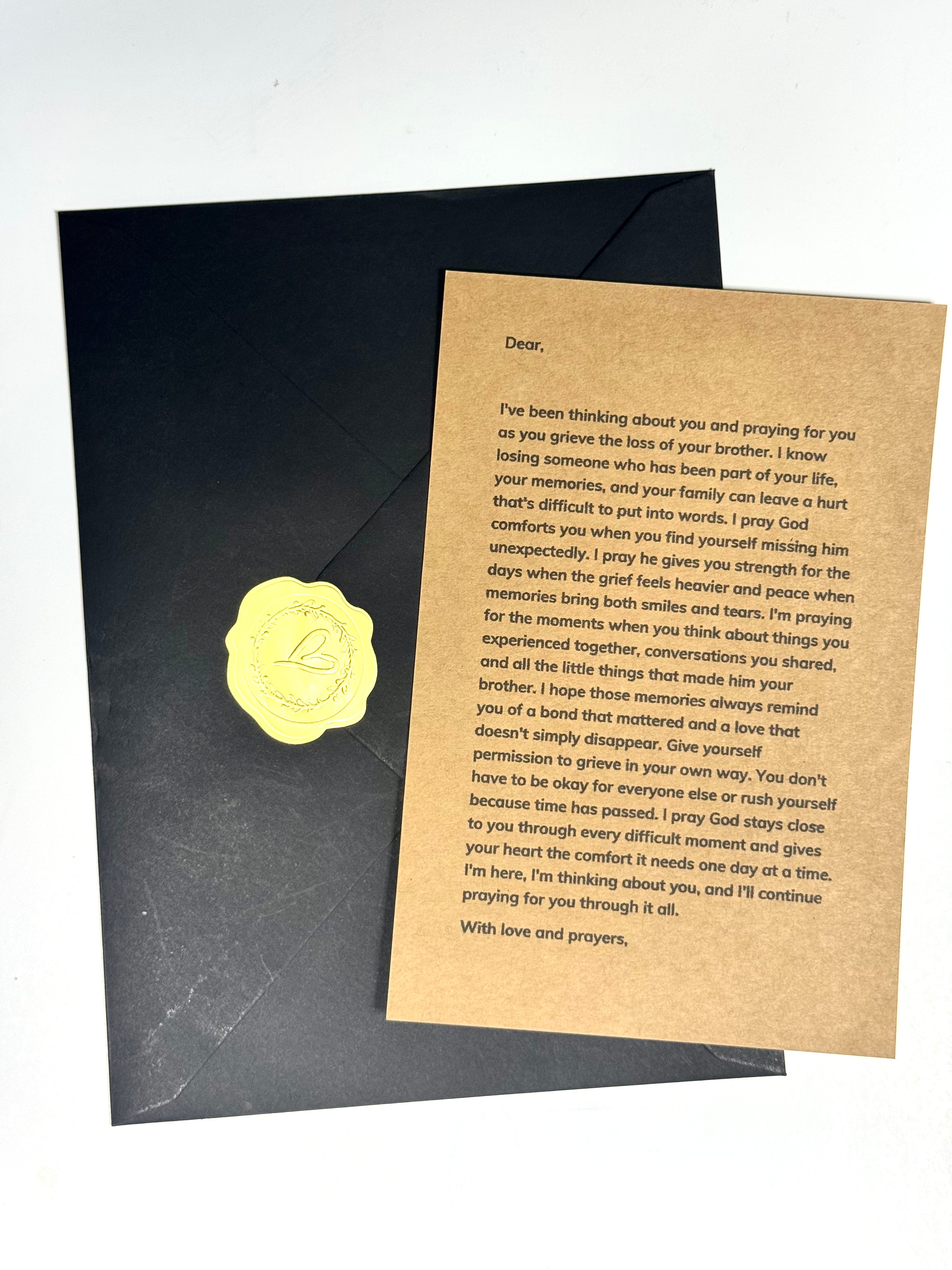 Loss of brother prayer letter displayed on clear card stand