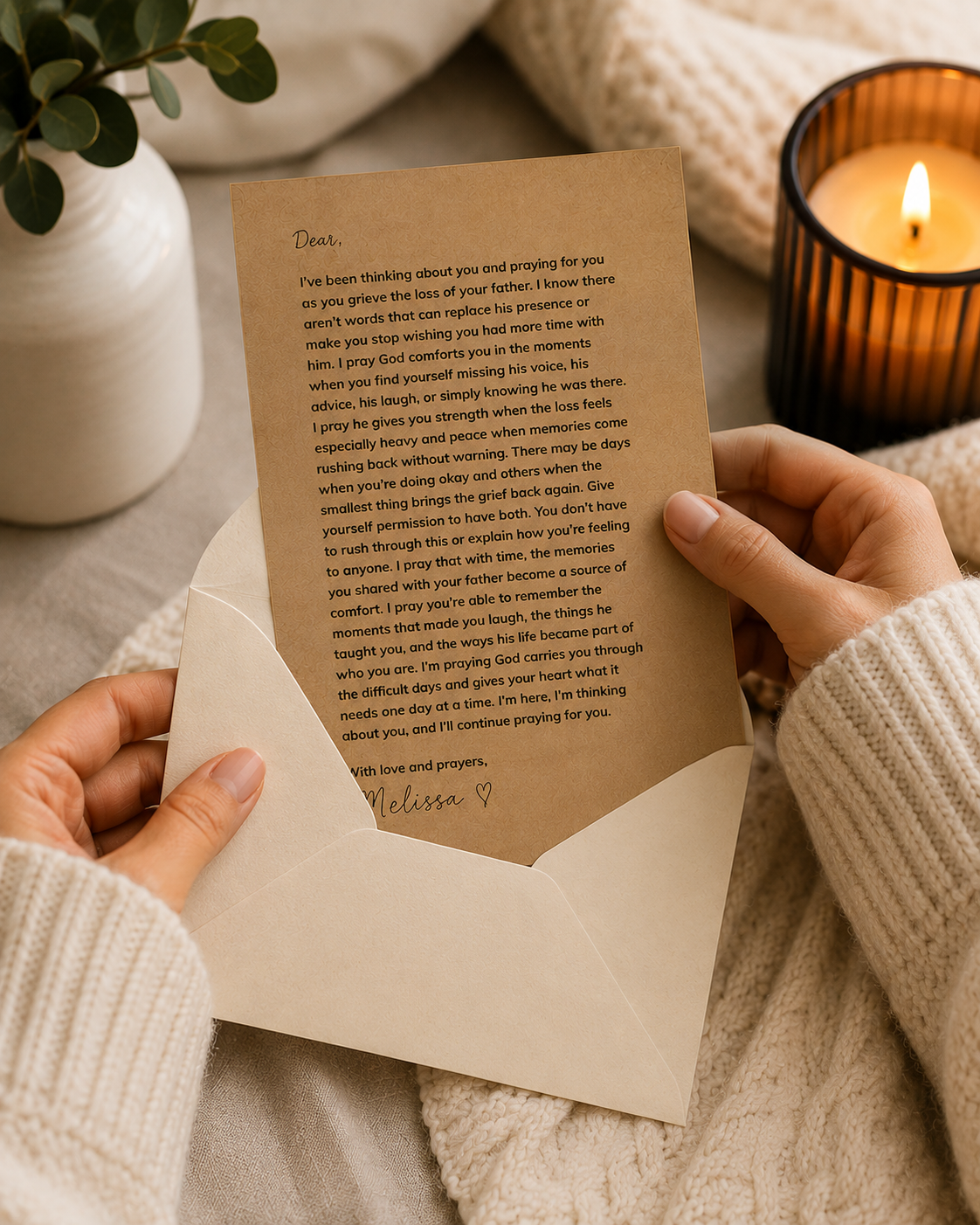 Loss of father prayer letter on kraft card, sympathy gift for someone grieving the death of their dad