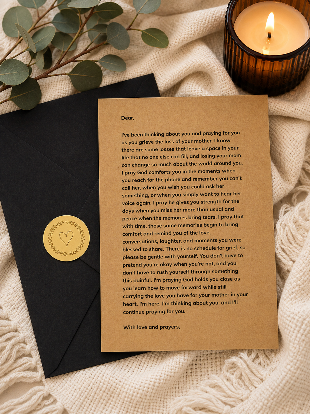 A printed sympathy or condolence card with a small heart illustration lies on a black envelope, styled on a beige fabric surface with a lit candle, eucalyptus leaves, and a black holder in the background.