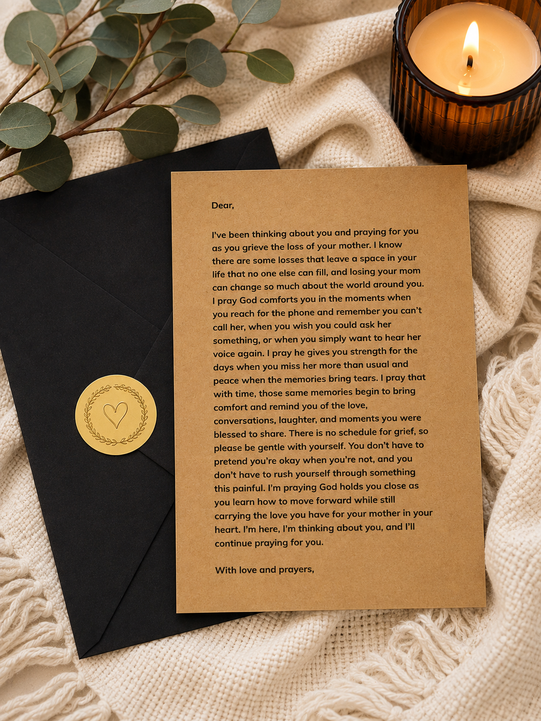 A printed sympathy or condolence card with a small heart illustration lies on a black envelope, styled on a beige fabric surface with a lit candle, eucalyptus leaves, and a black holder in the background.