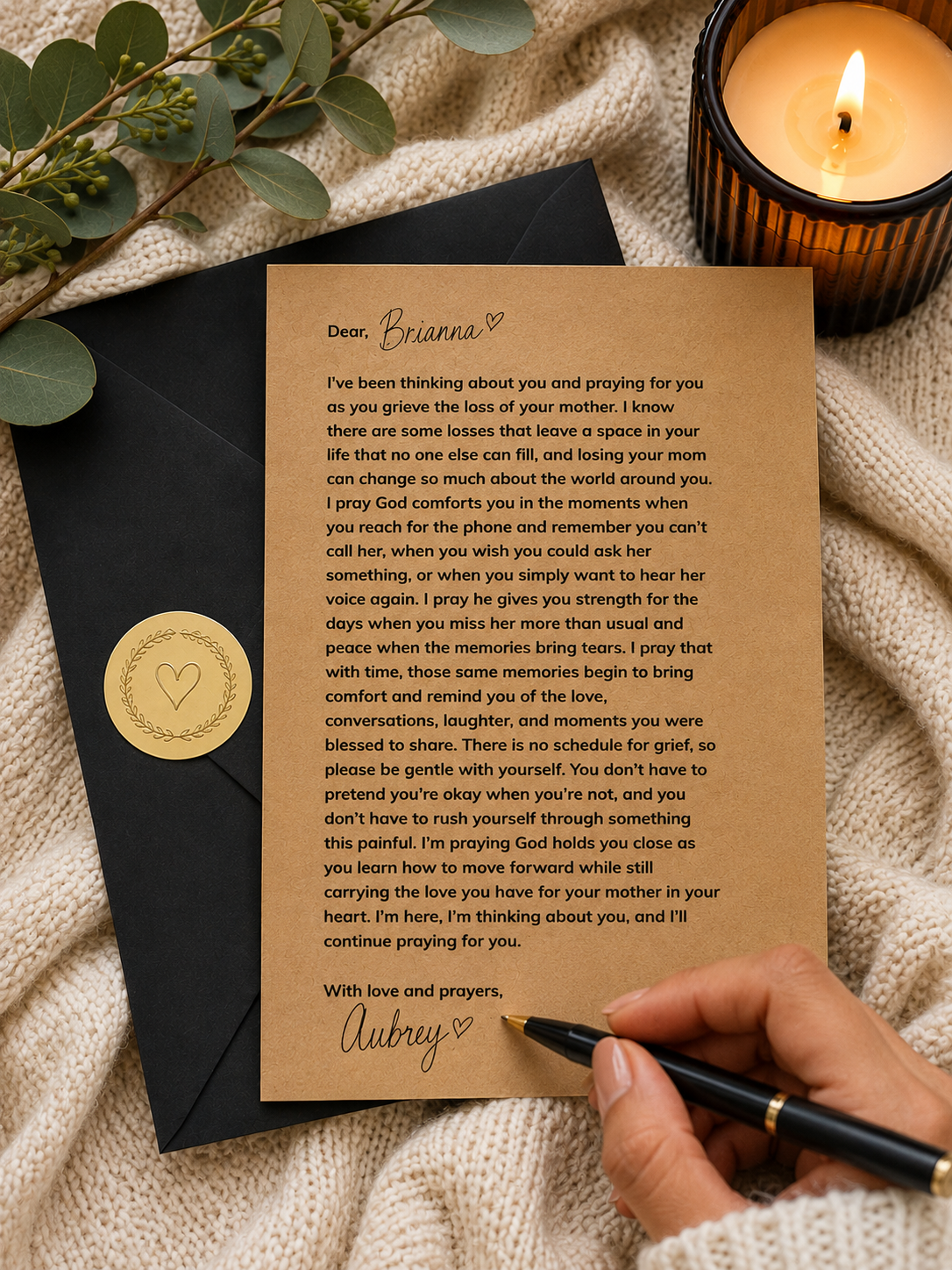 Loss of mother prayer letter with black envelope and gold seal