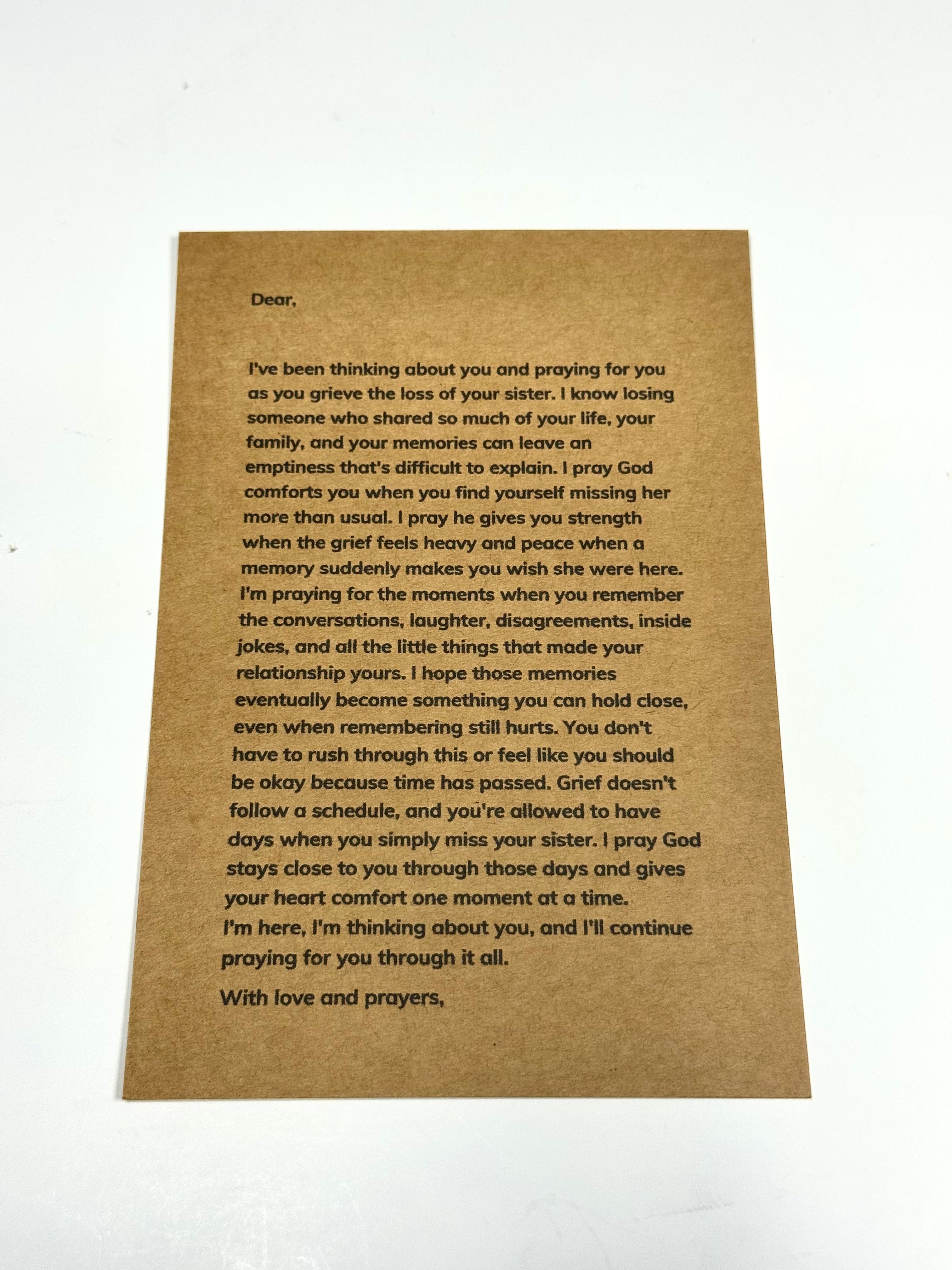 Loss of sister prayer letter with black envelope and gold seal sticker