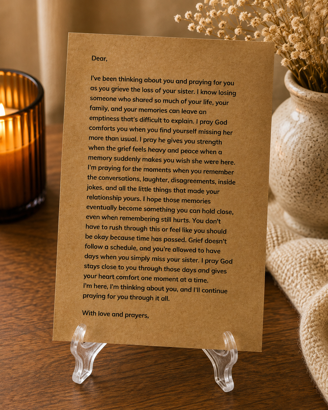 Loss of sister sympathy prayer letter displayed on clear card stand