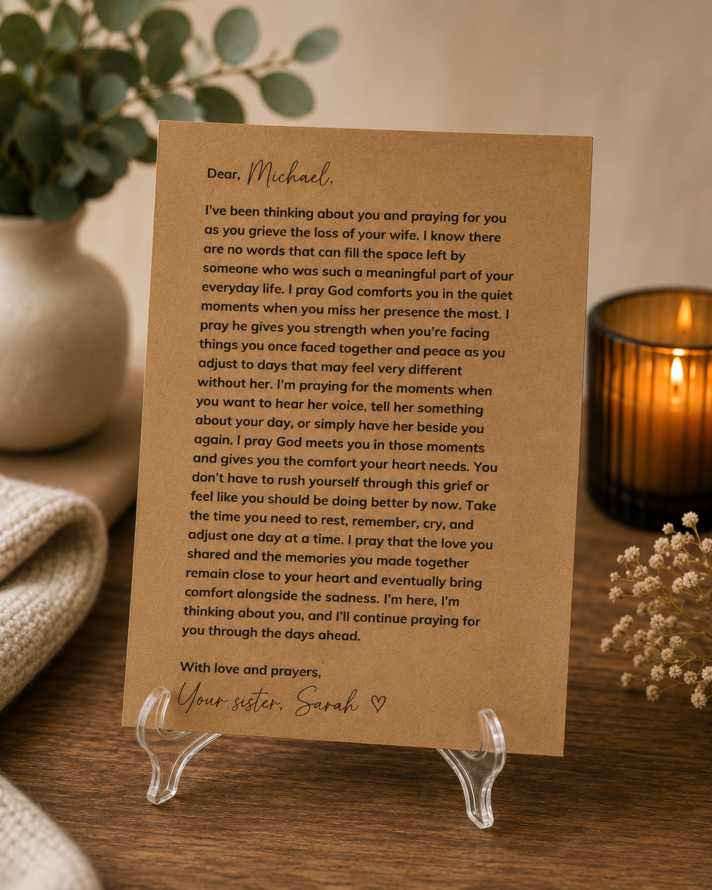 Loss of wife sympathy prayer letter printed on kraft cardstock