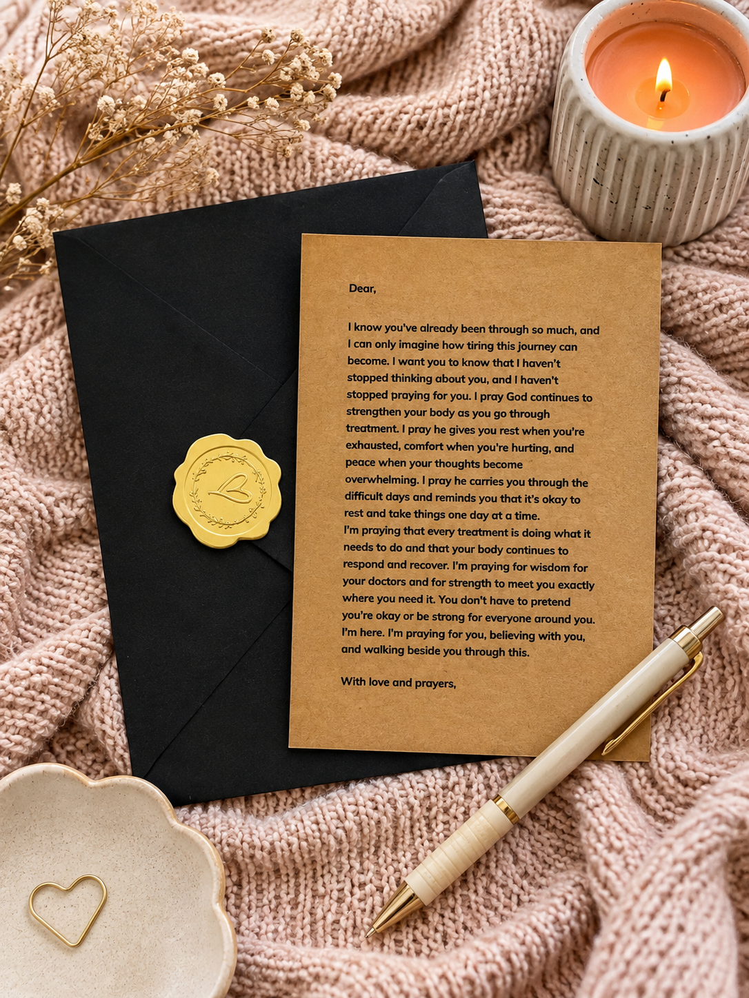 A styled flat-lay of a handwritten apology letter on a brown kraft paper card, sealed with a gold wax stamp, placed on a black envelope over a pink knit blanket. A white candle, dried flowers, a wooden spoon with a heart, and a gold pen are arranged around it.