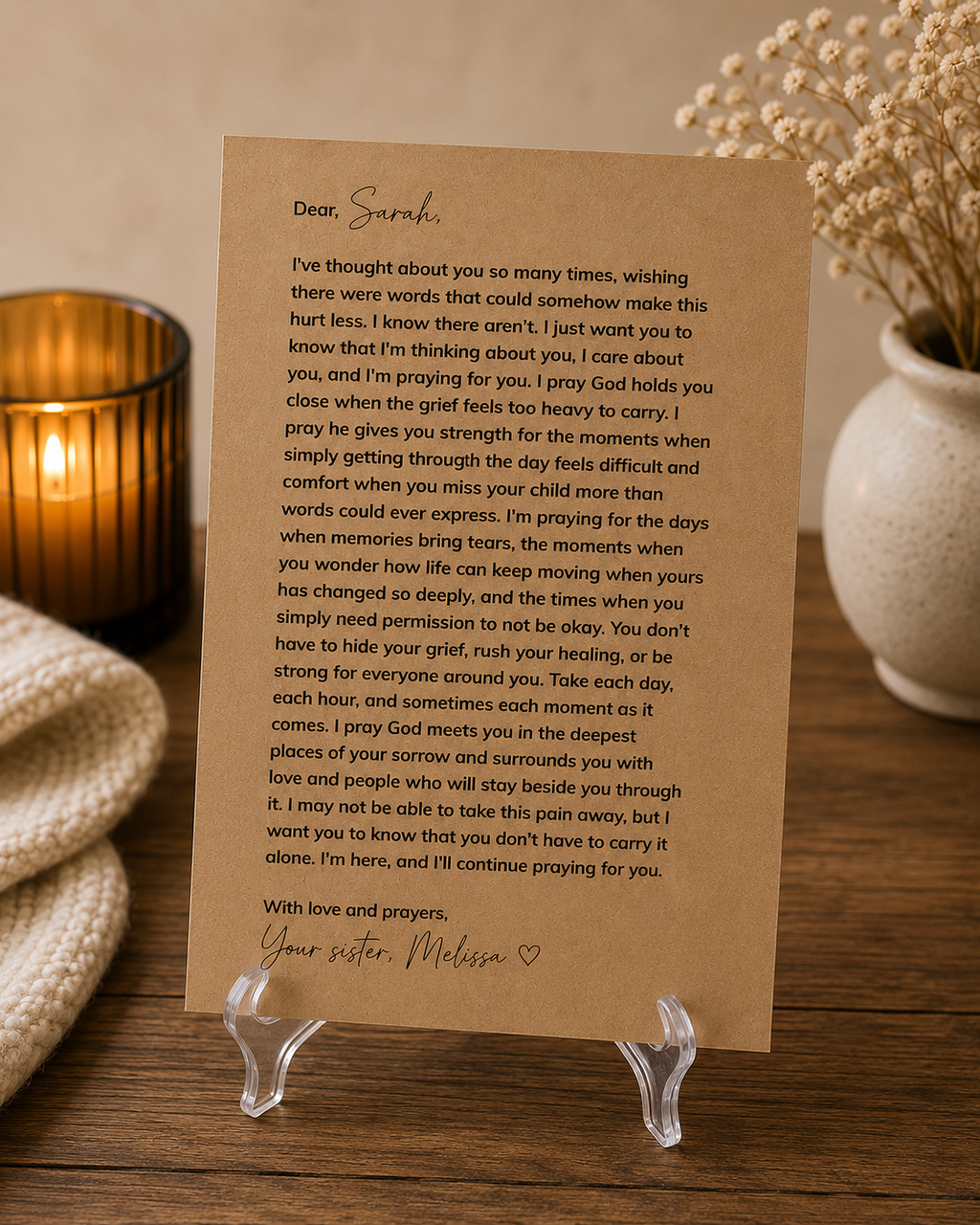 Personalized child loss prayer letter with black envelope and gold seal