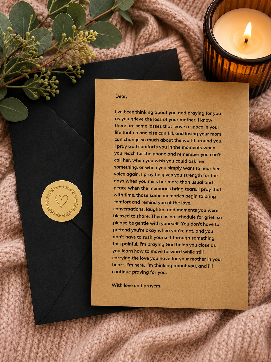 Personalized grief prayer letter for loss of mom with envelope