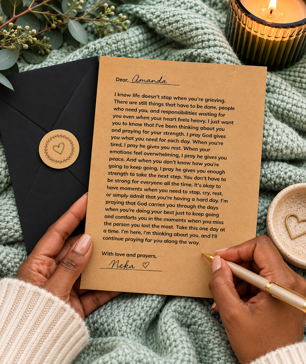 A handwritten sympathy card on brown kraft paper is held over a black fabric surface by two hands, with a gold candle in a glass holder and greenery in the background.