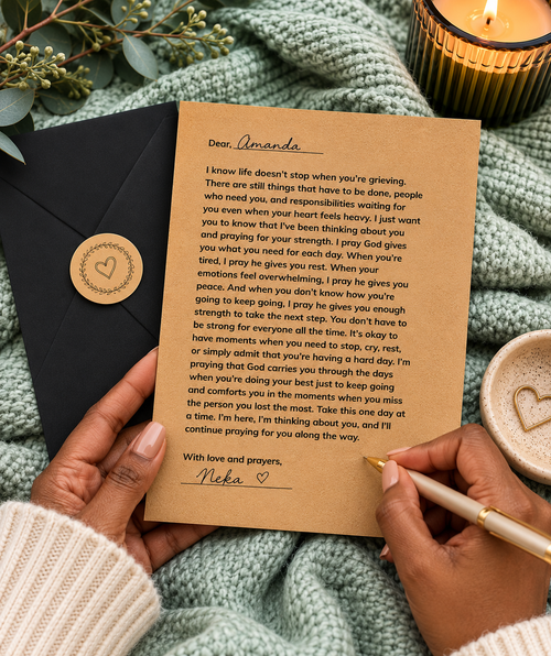 A handwritten sympathy card on brown kraft paper is held over a black fabric surface by two hands, with a gold candle in a glass holder and greenery in the background.