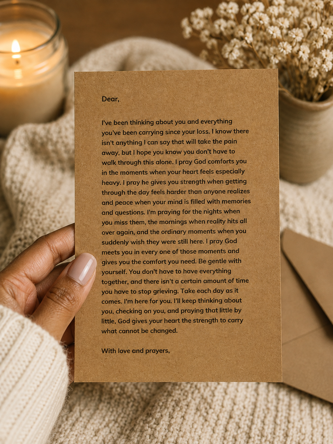 A handwritten condolence card on brown kraft paper with printed text, placed on a white textured blanket with a warm candle in the background.