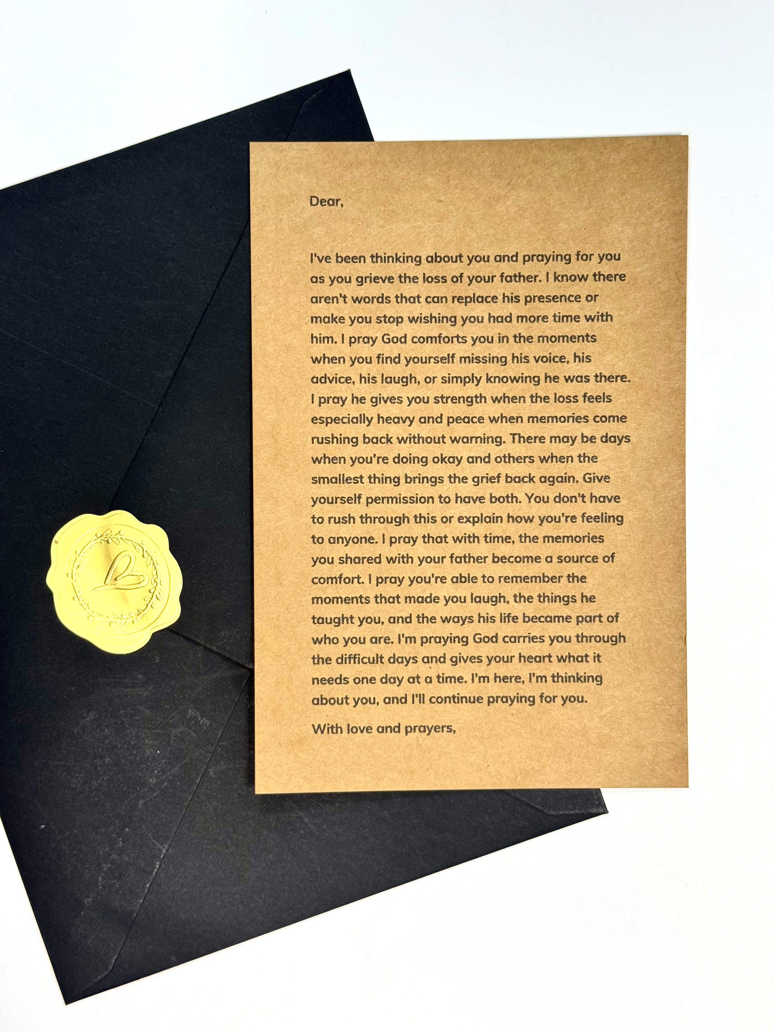 Personalized loss of father prayer letter being handwritten with recipient and sender names