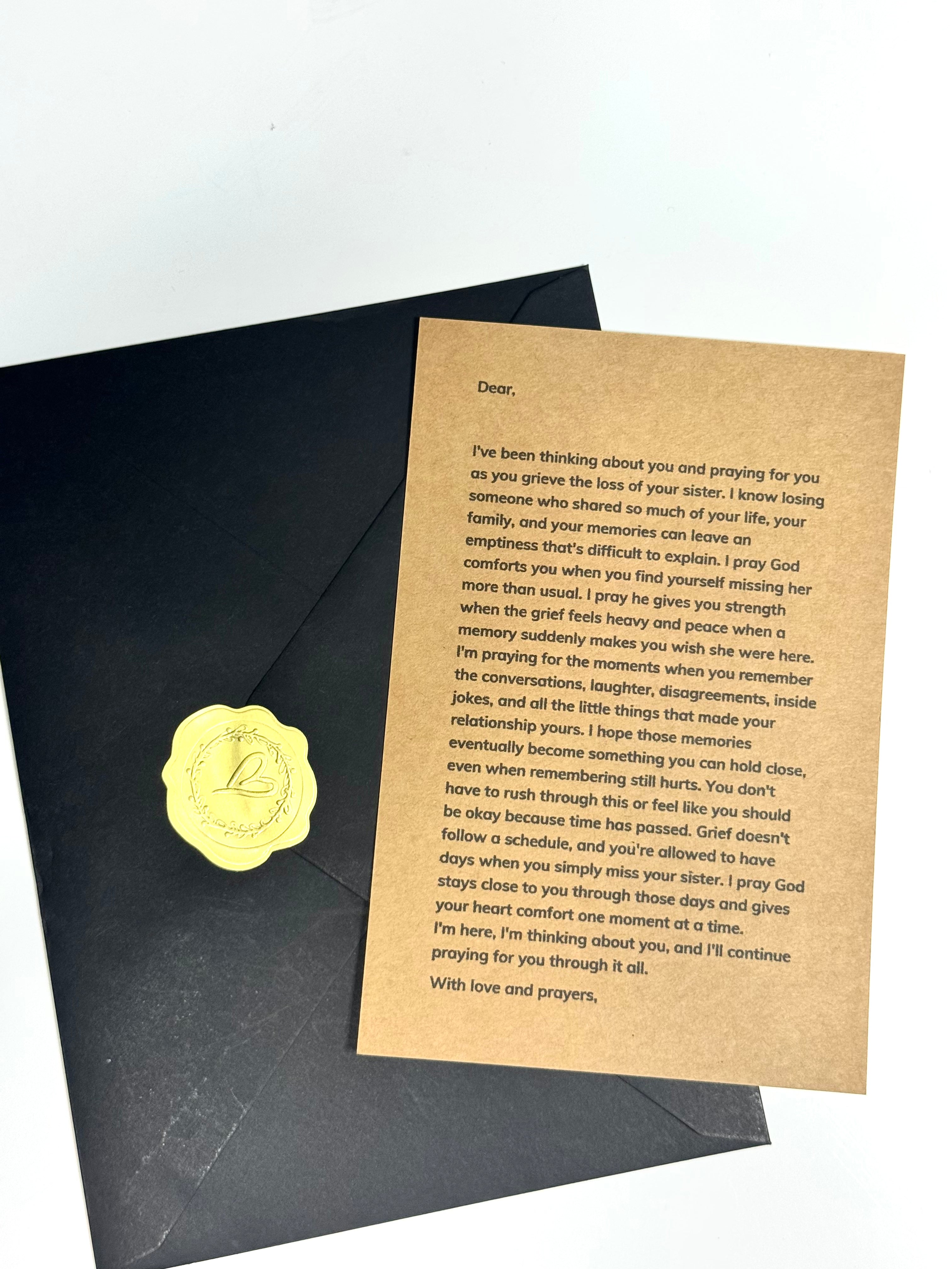 Personalized loss of sister prayer letter with recipient and sender names