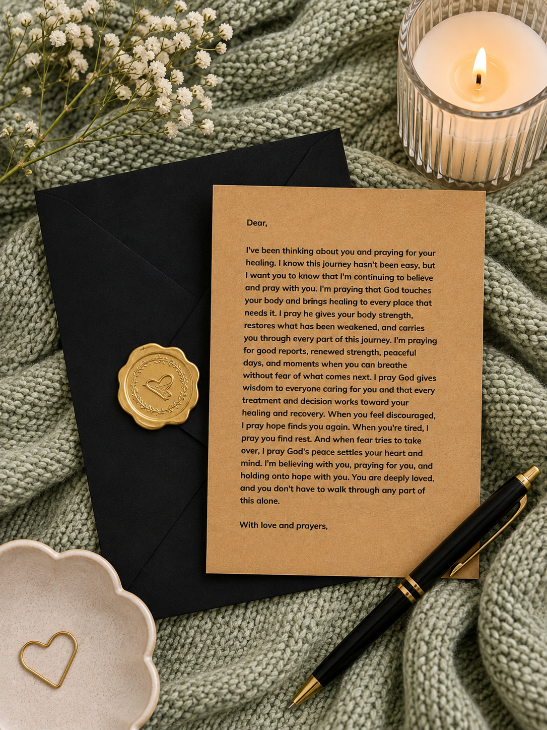 A brown kraft paper prayer letter with a gold wax seal, styled in a cozy flat-lay with a black envelope, white baby's breath flowers, a lit candle, a gold pen, and a green knit blanket.