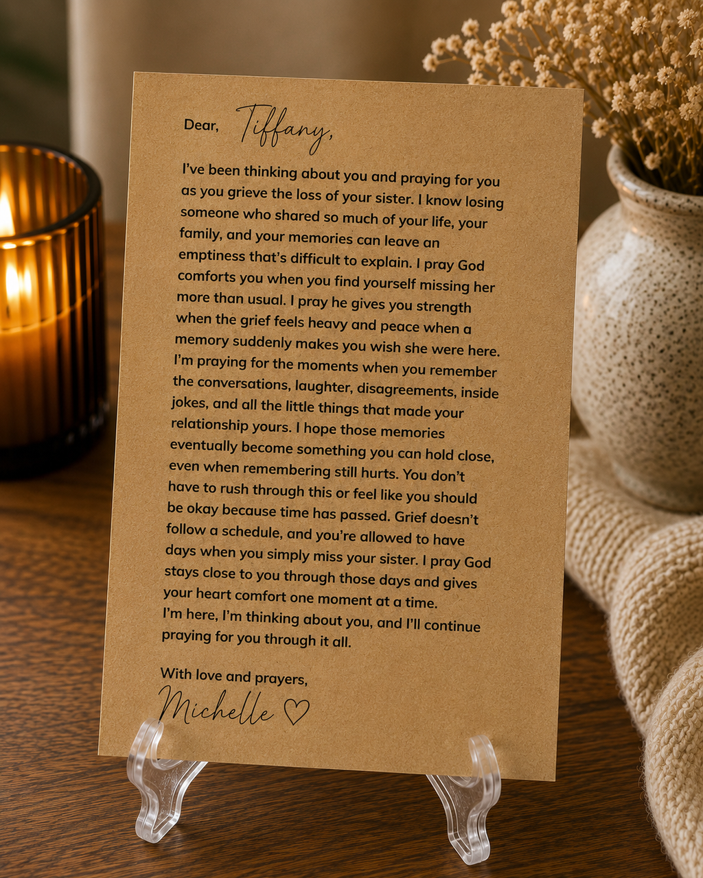Personalized sister loss prayer letter being opened from envelope
