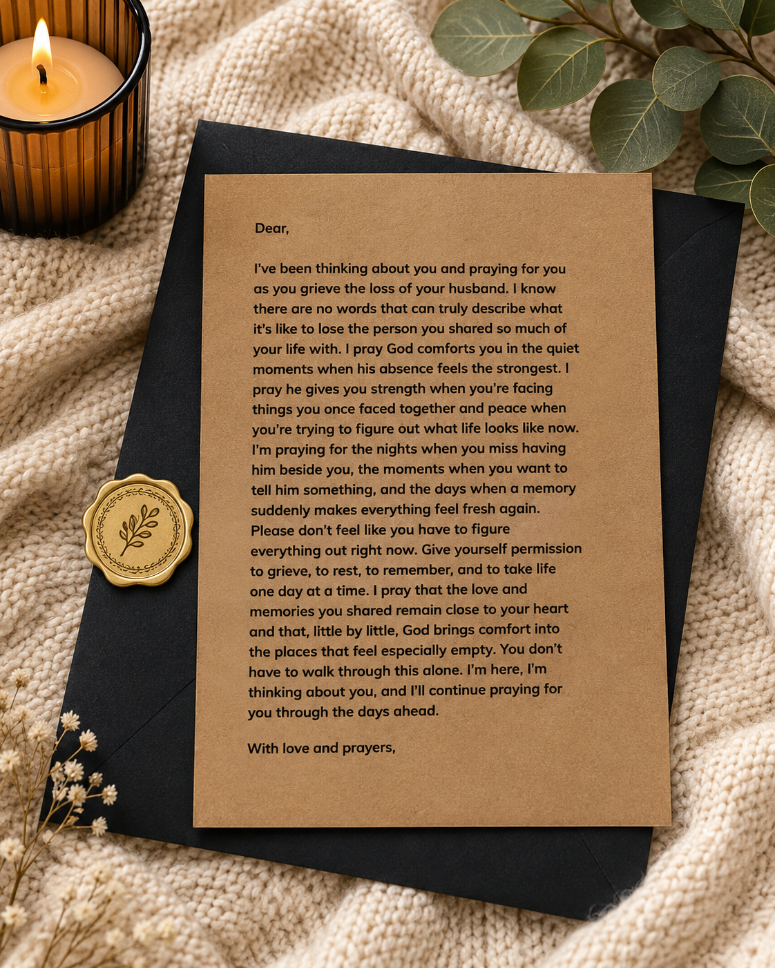 Personalized sympathy letter with recipient and sender names